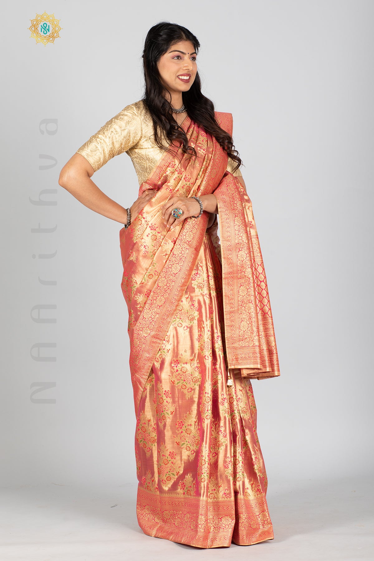 PINK TISSUE SILK IN MEENA BUTTAS ALLOVER THE BODY WITH ZARI WOVEN PALLU & TISSUE BLOUSE