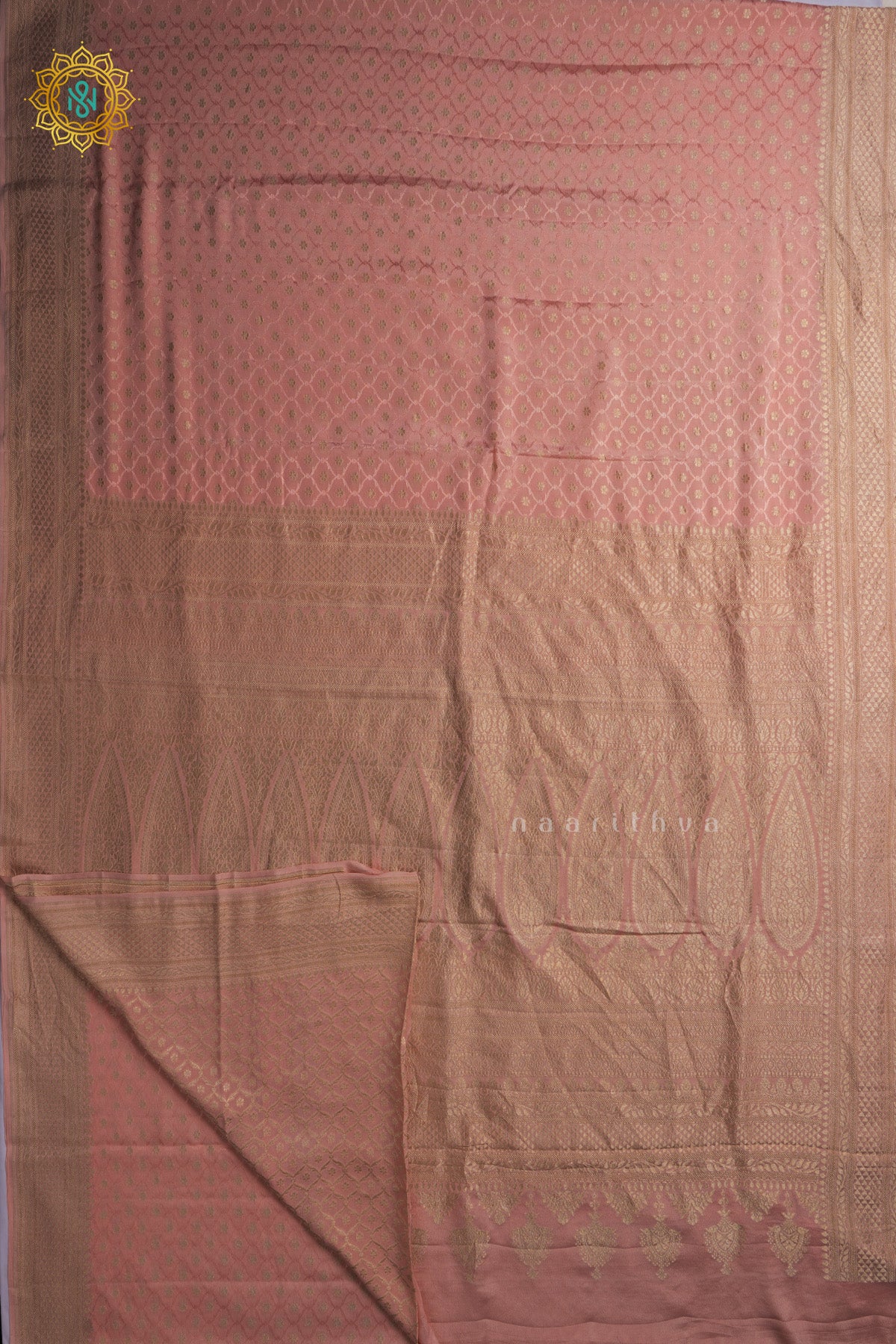 Peachish Pink Pure Banarasi Crepe Silk Allover Zari Geometric Weaves and Woven Border