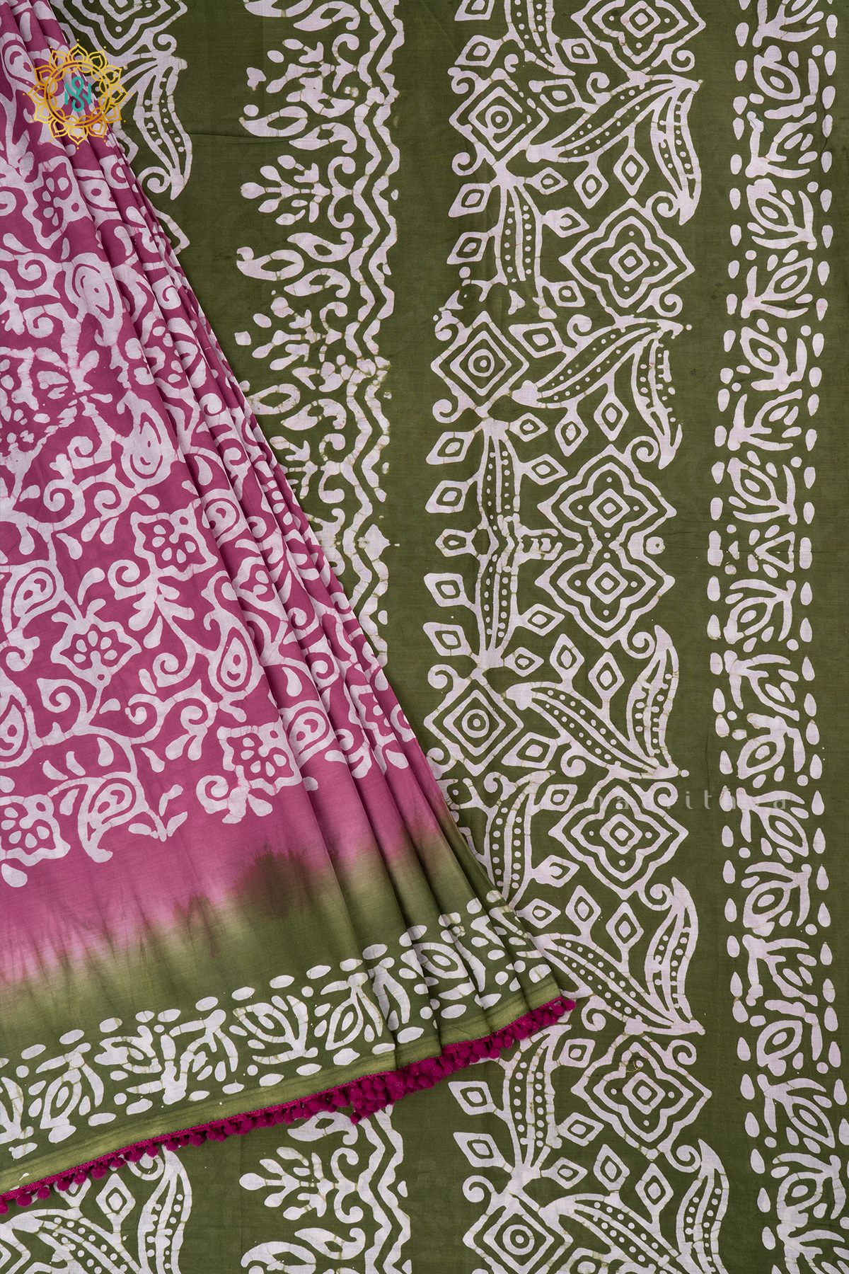 Pink With Green Printed Cotton Saree With Contrast Border & Pallu