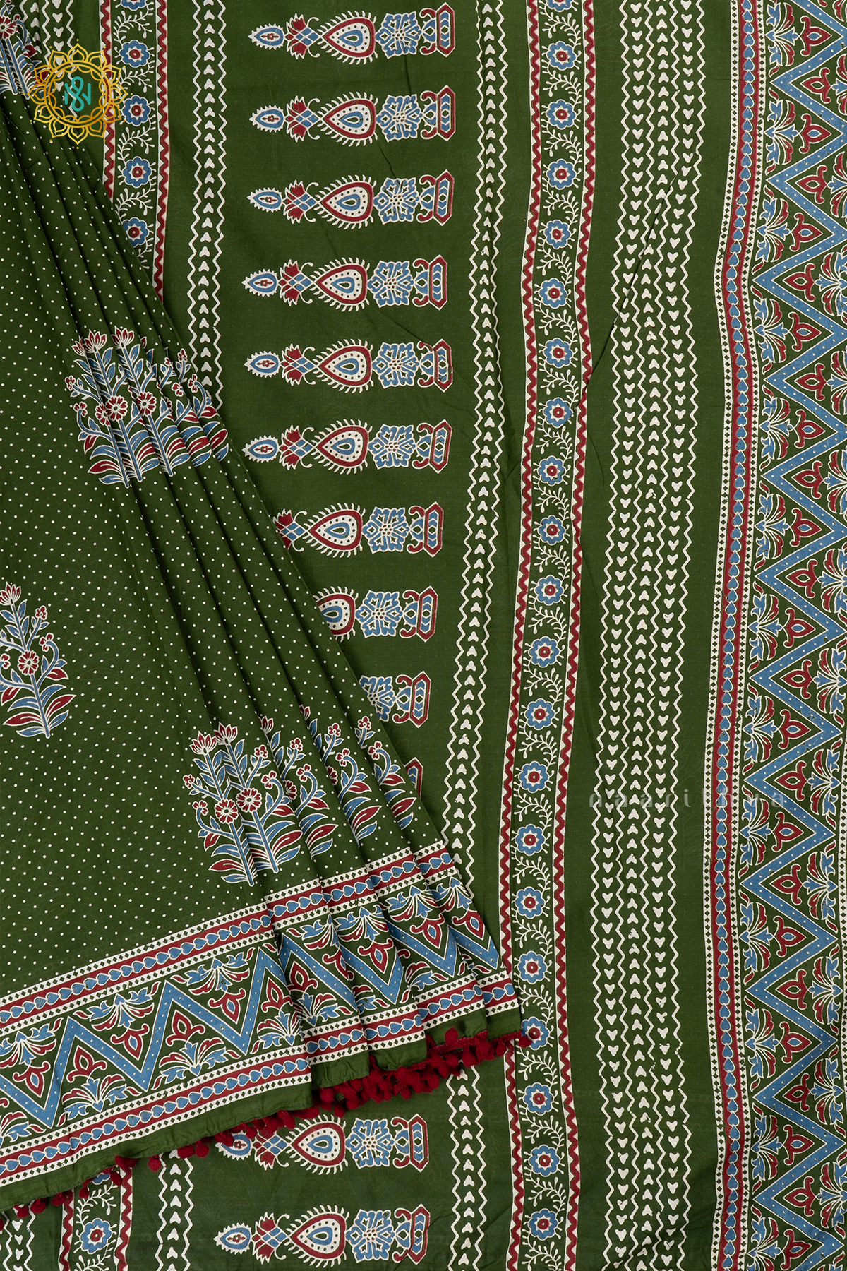 Green Printed Cotton Saree With Contrast Border & Pallu