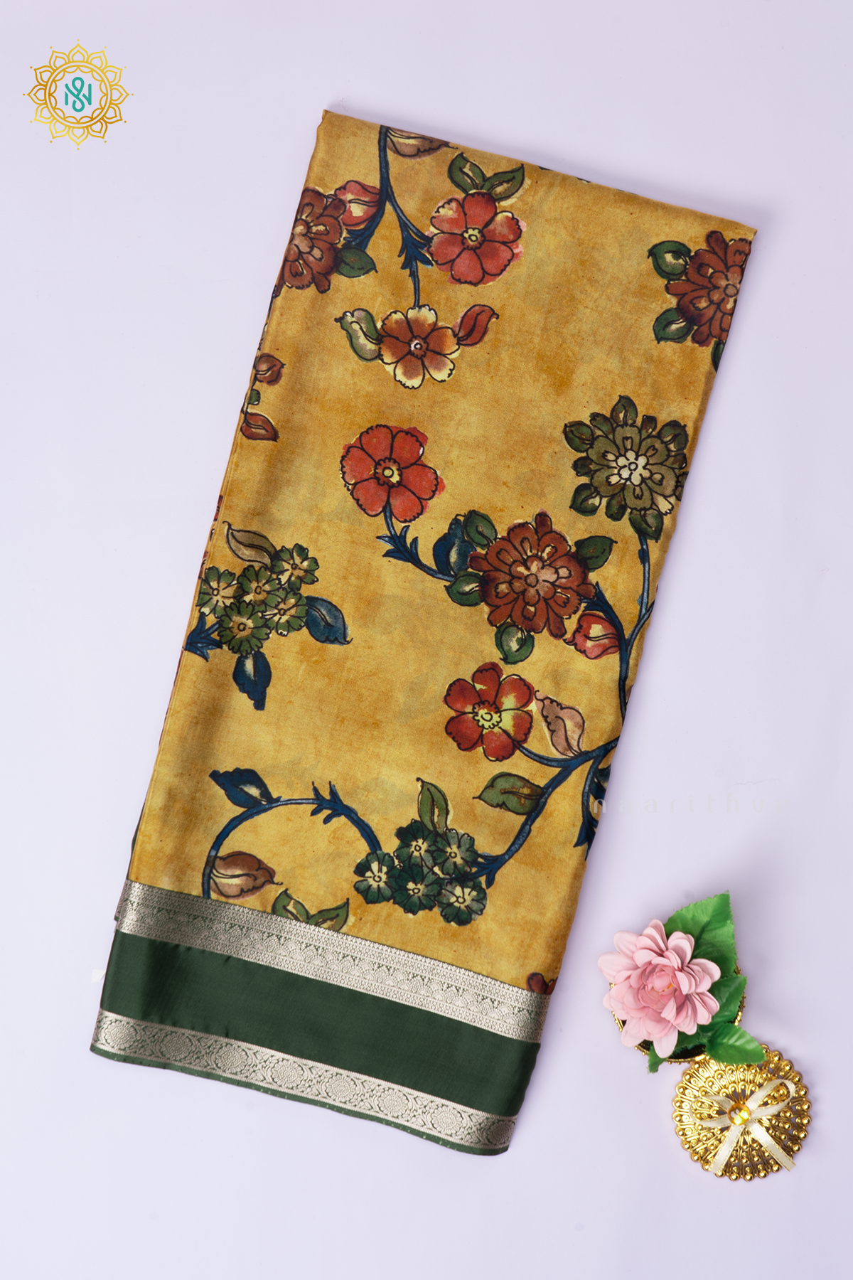 Mustard With Green Printed Semi Crepe Silk Saree with Contrast Bentex Zari Border