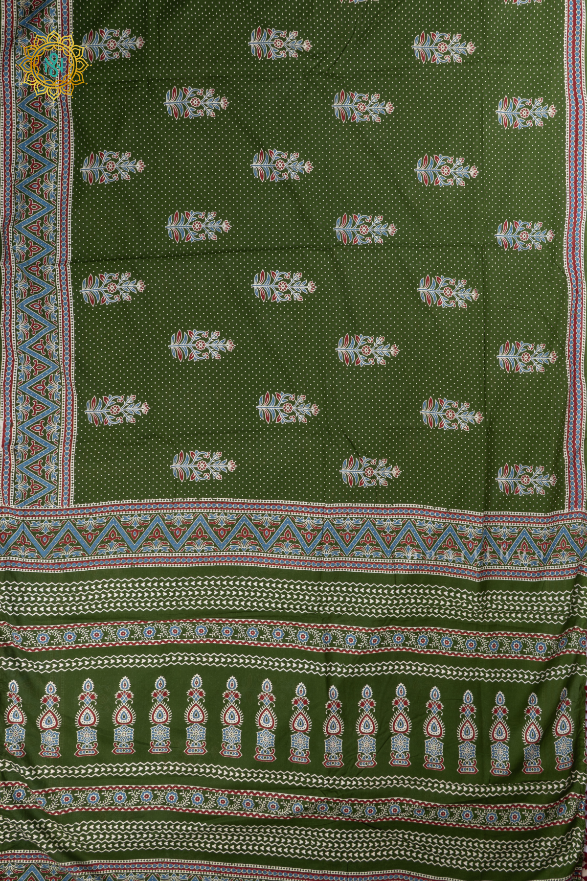 Green Printed Cotton Saree With Contrast Border & Pallu