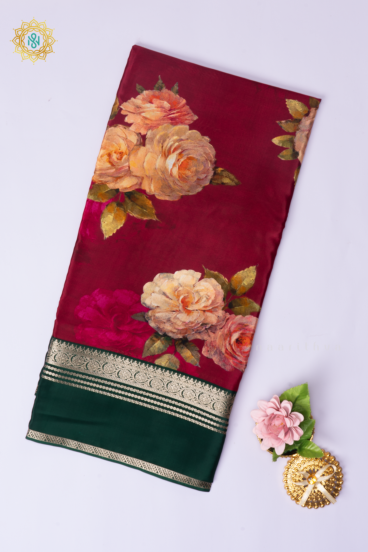 Magenta With Bottle Green Printed Semi Crepe Silk Saree with Contrast Bentex Zari Border
