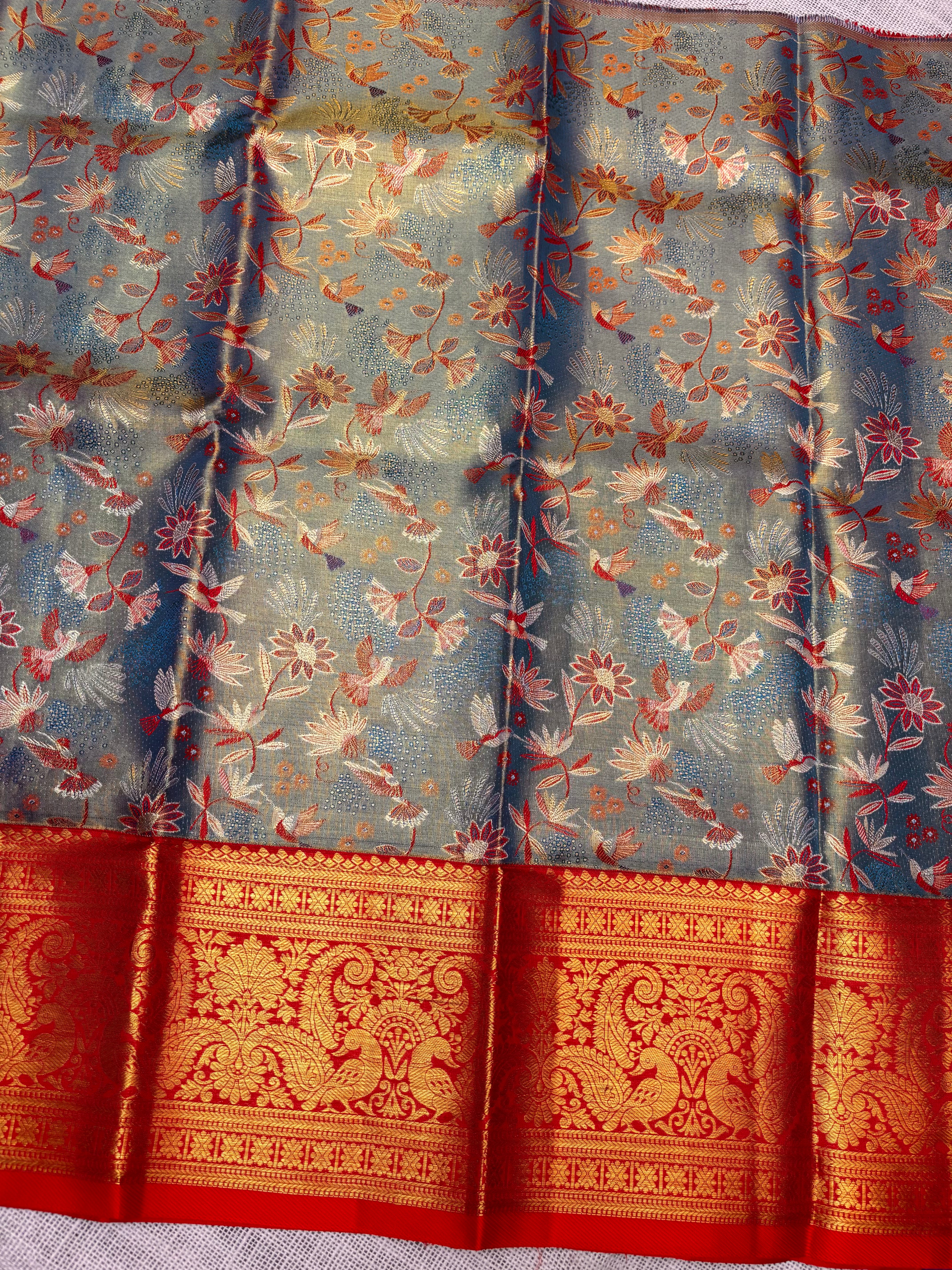 Dual Shade of Blue with Red Pure Kanjivaram Silk Unstitched Kids’ Lehenga Fabric with All-Over Zari Brocade and Zari Border