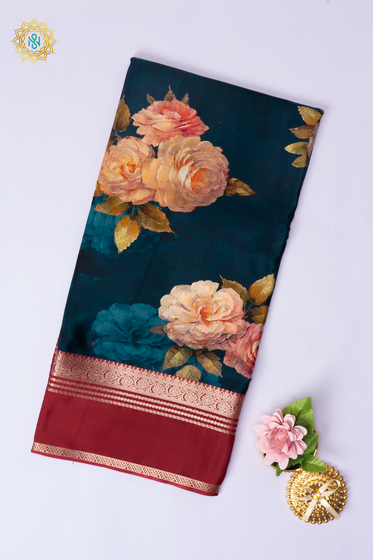 Peacock Blue With Maroon Printed Semi Crepe Silk Saree with Contrast Bentex Zari Border