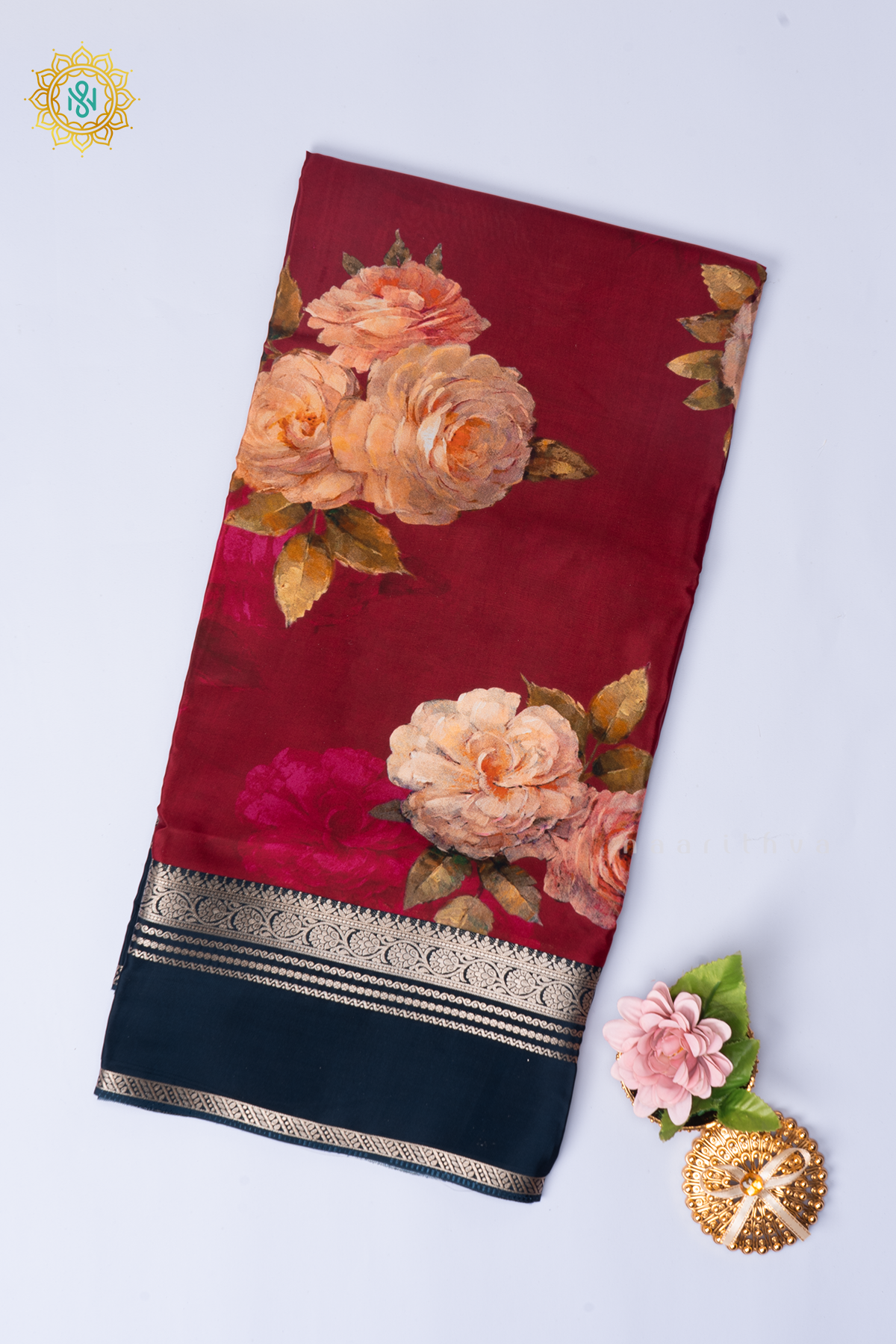 Magenta With Peacock Blue Printed Semi Crepe Silk Saree with Contrast Bentex Zari Border