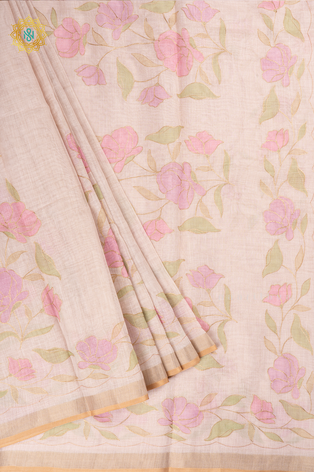 Off White Linen Tissue Saree with Aari Floral Work and Tissue Border