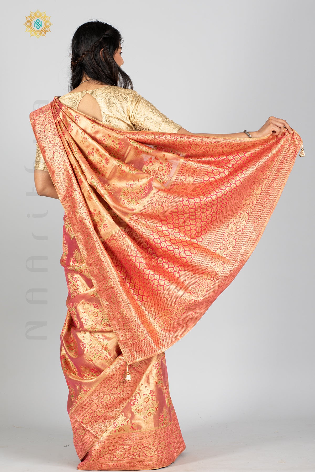 PINK TISSUE SILK IN MEENA BUTTAS ALLOVER THE BODY WITH ZARI WOVEN PALLU & TISSUE BLOUSE