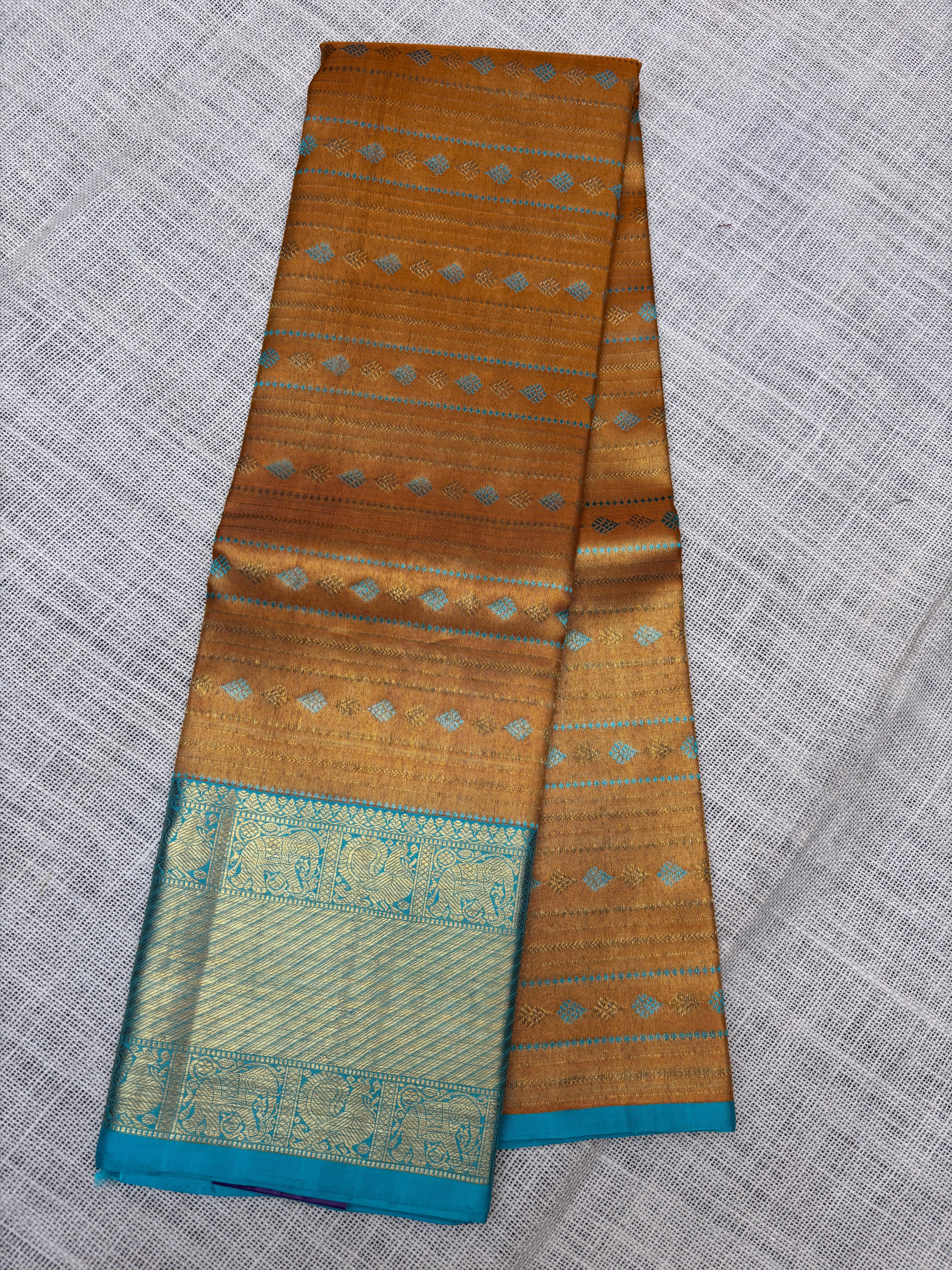 Mustard with Blue Pure Kanjivaram Silk Unstitched Kids’ Lehenga Fabric with All-Over Zari Brocade and Zari Border
