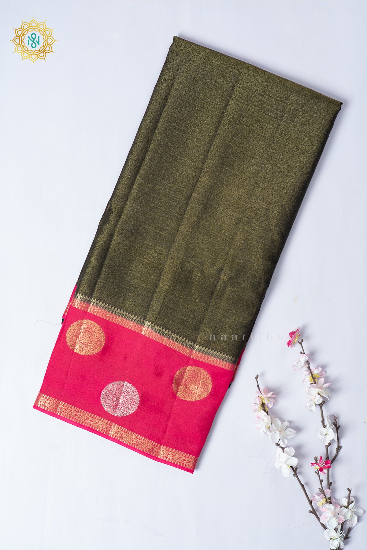 Black with Pink Semi Crepe Silk Saree with Tissue Body and Zari Gap Border, Pallu