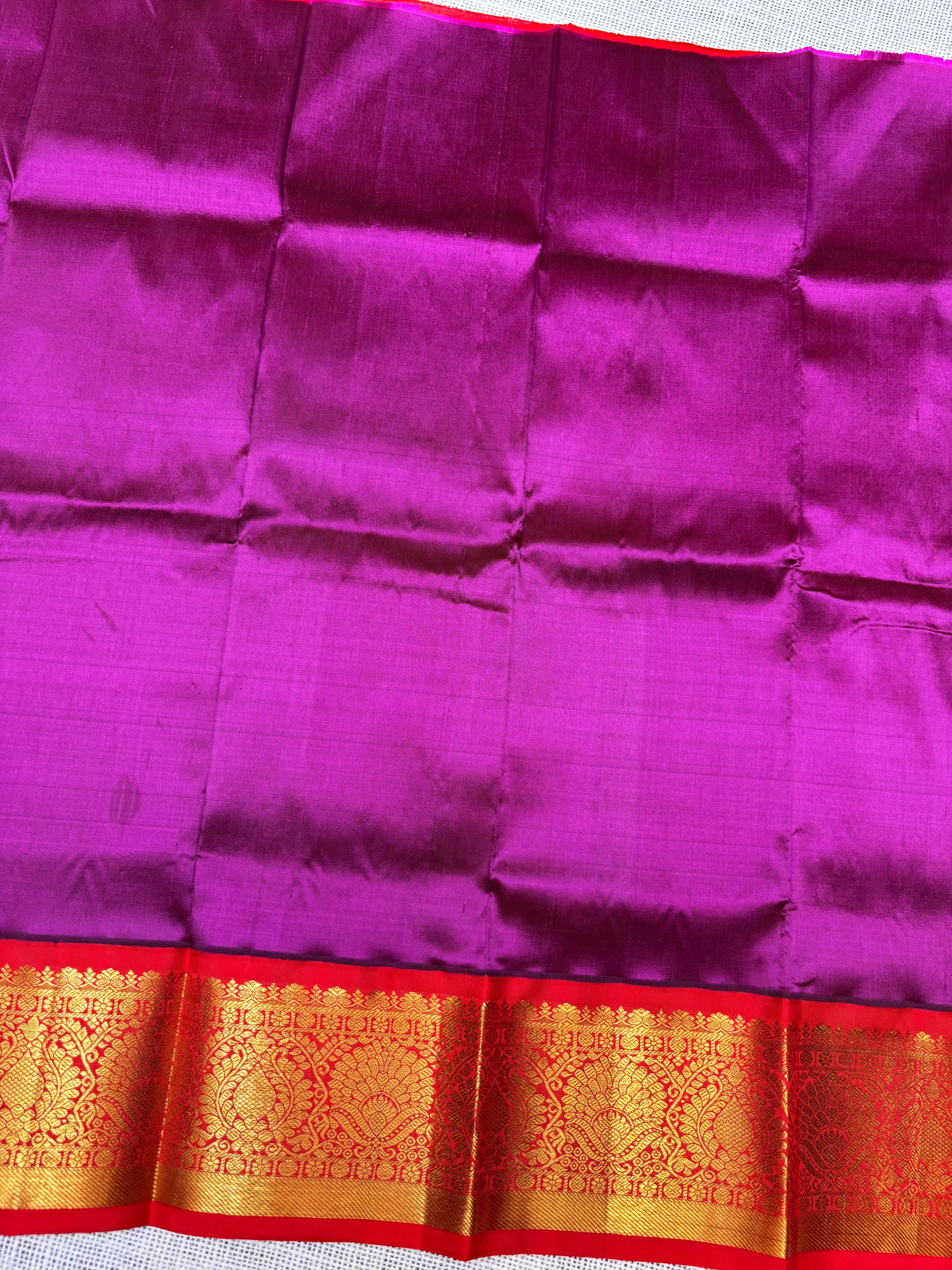 Purple with Red Pure Kanjivaram Silk Unstitched Kids’ Lehenga Fabric – Plain Body with Zari Border