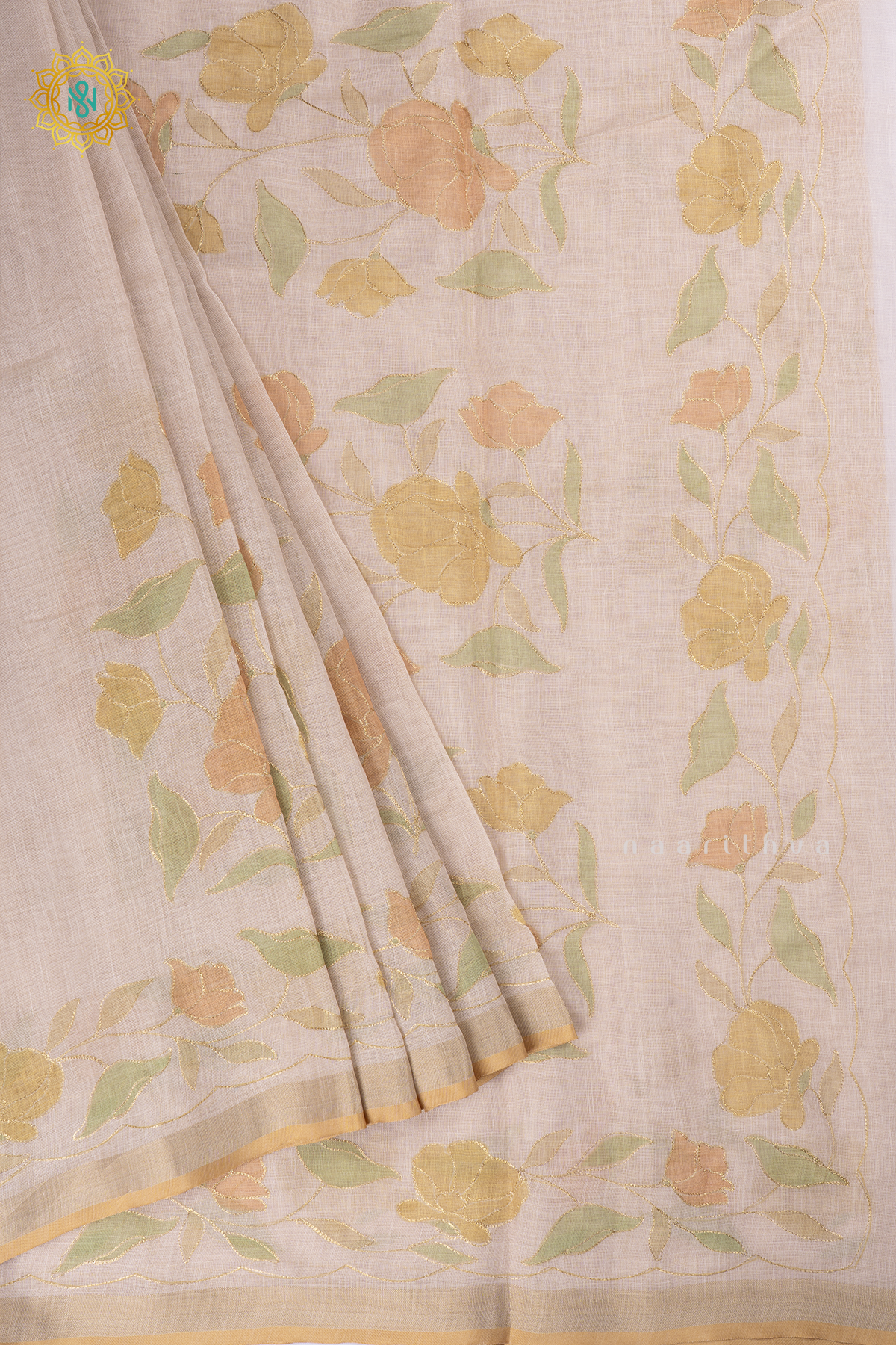Off White Linen Tissue Saree with Aari Floral Work and Tissue Border
