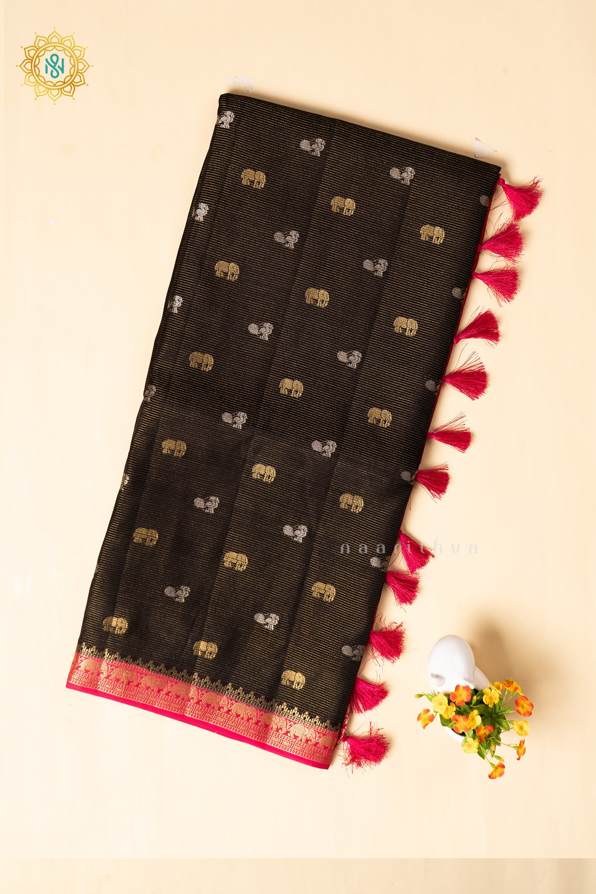 Black With Pink Semi Crepe Silk Saree With Zari Buttas On The Body With Contrast Zari Border & Pallu