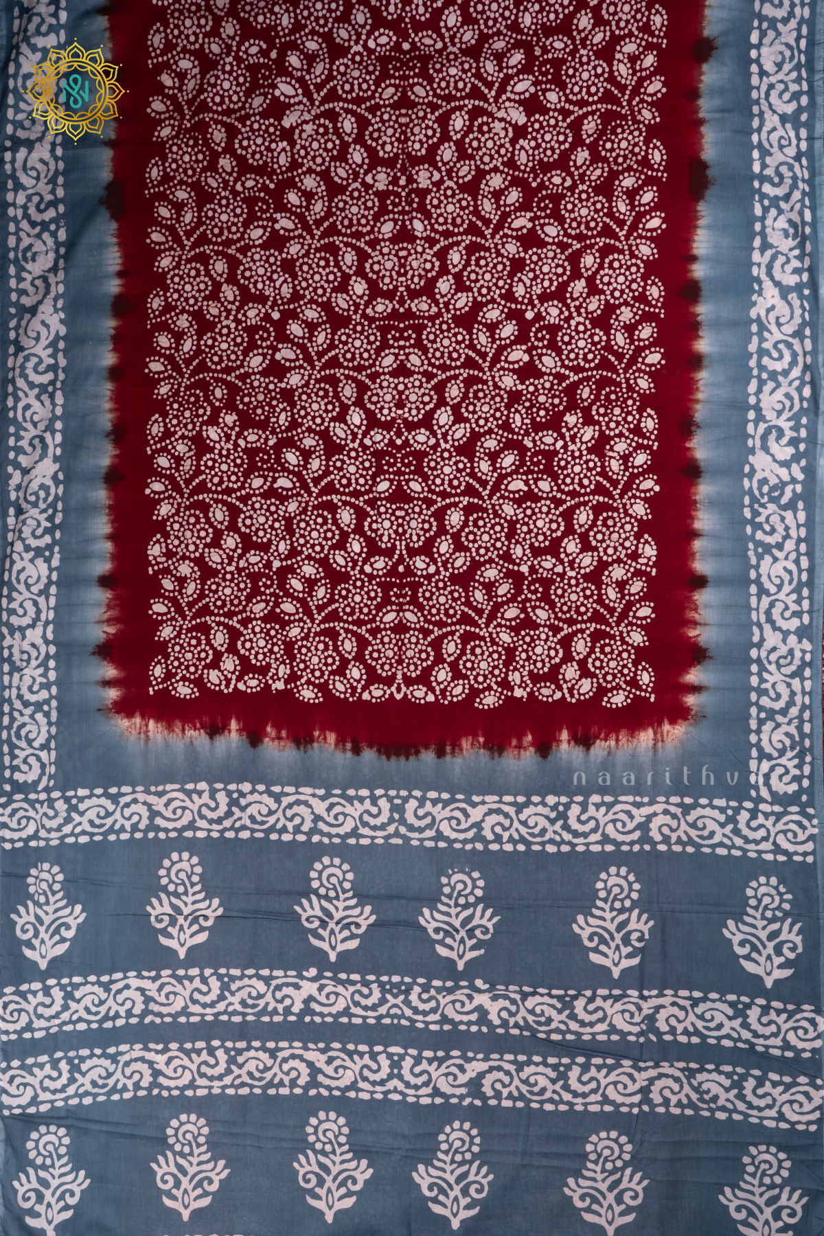 Maroon With Grey Printed Cotton Saree With Contrast Border & Pallu