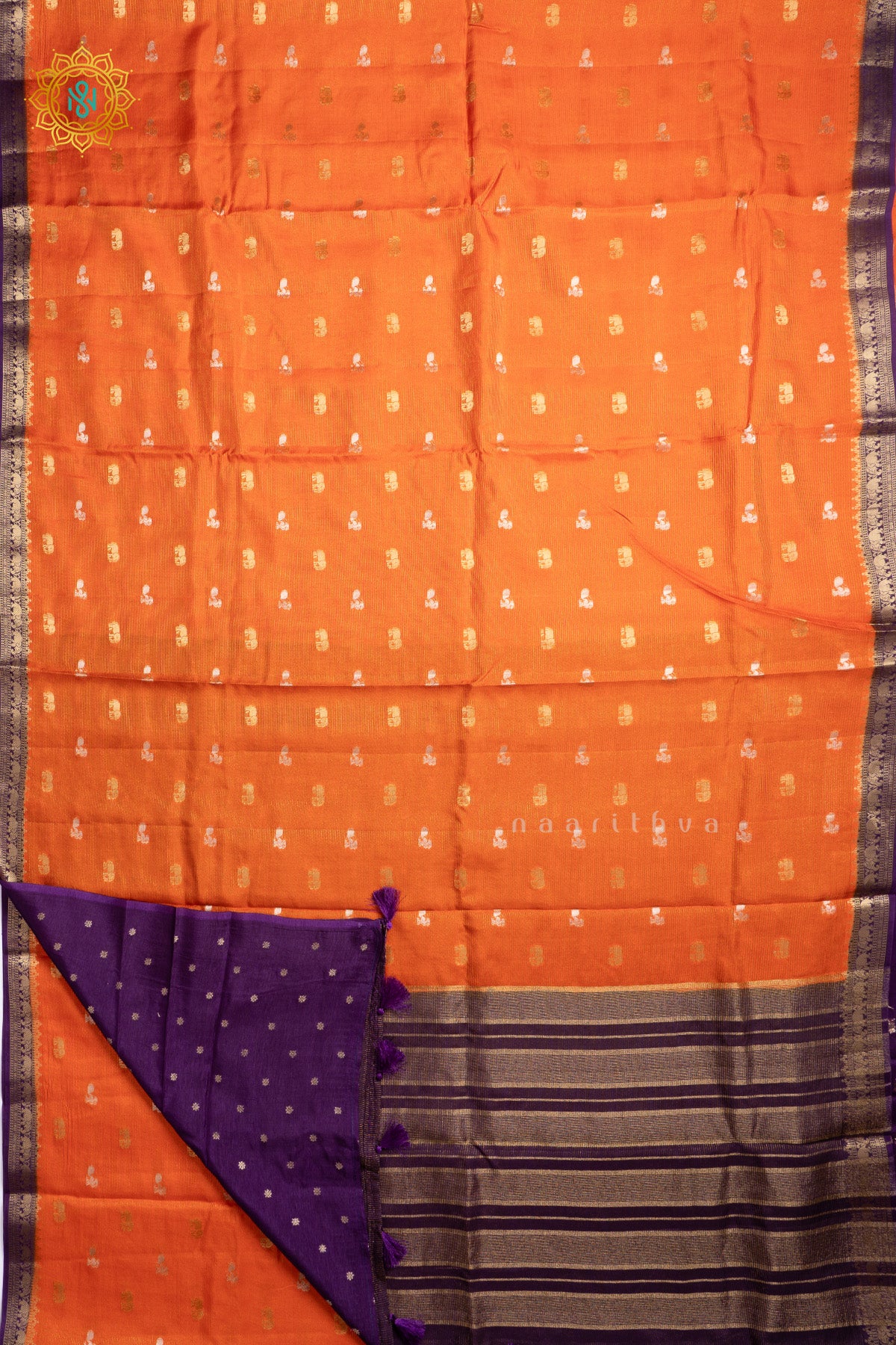 Orange With Purple Semi Crepe Silk Saree With Zari Buttas On The Body With Contrast Zari Border & Pallu