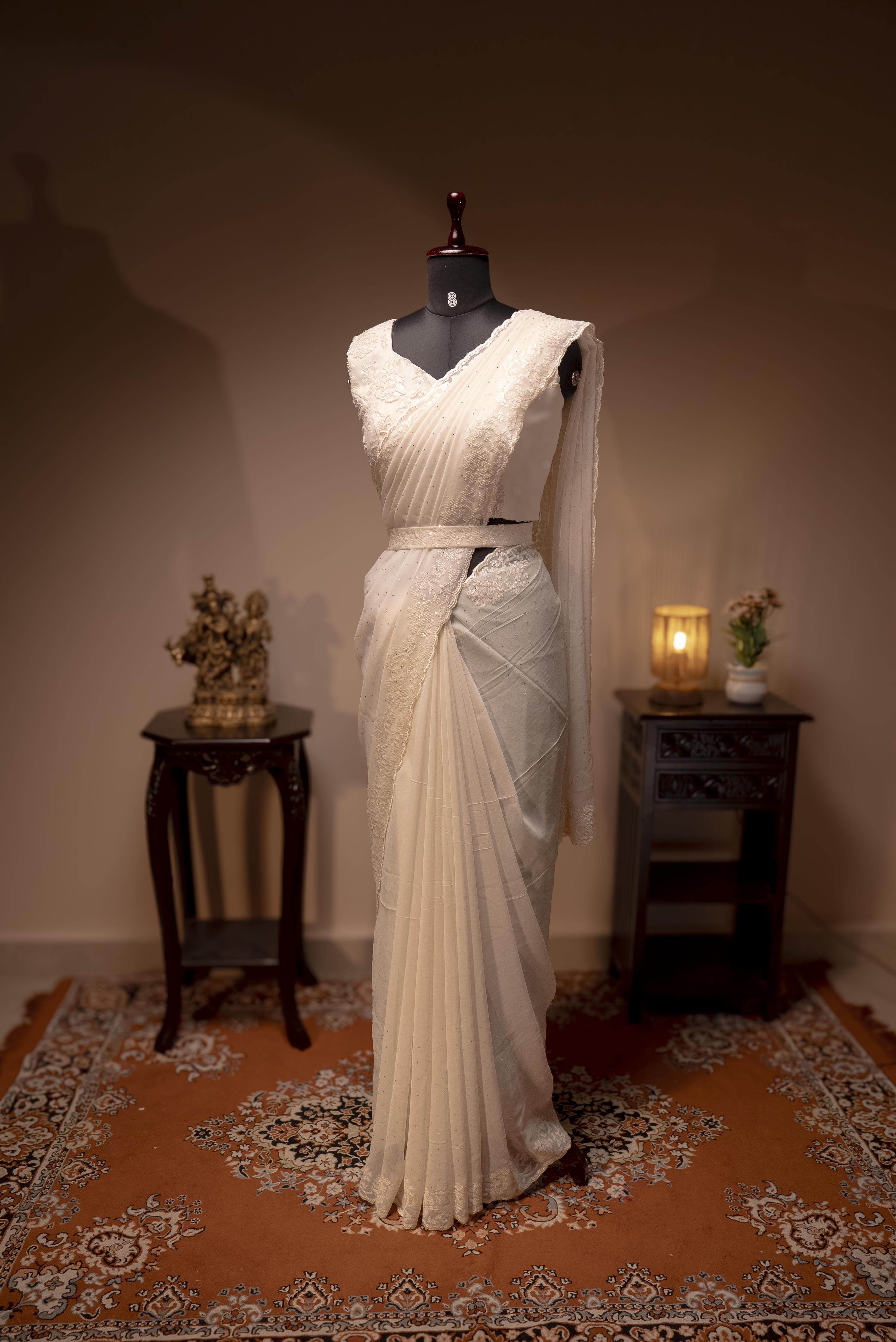 WHITE- DESIGNER GEORGETTE SAREE WITH READYMADE BLOUSE
