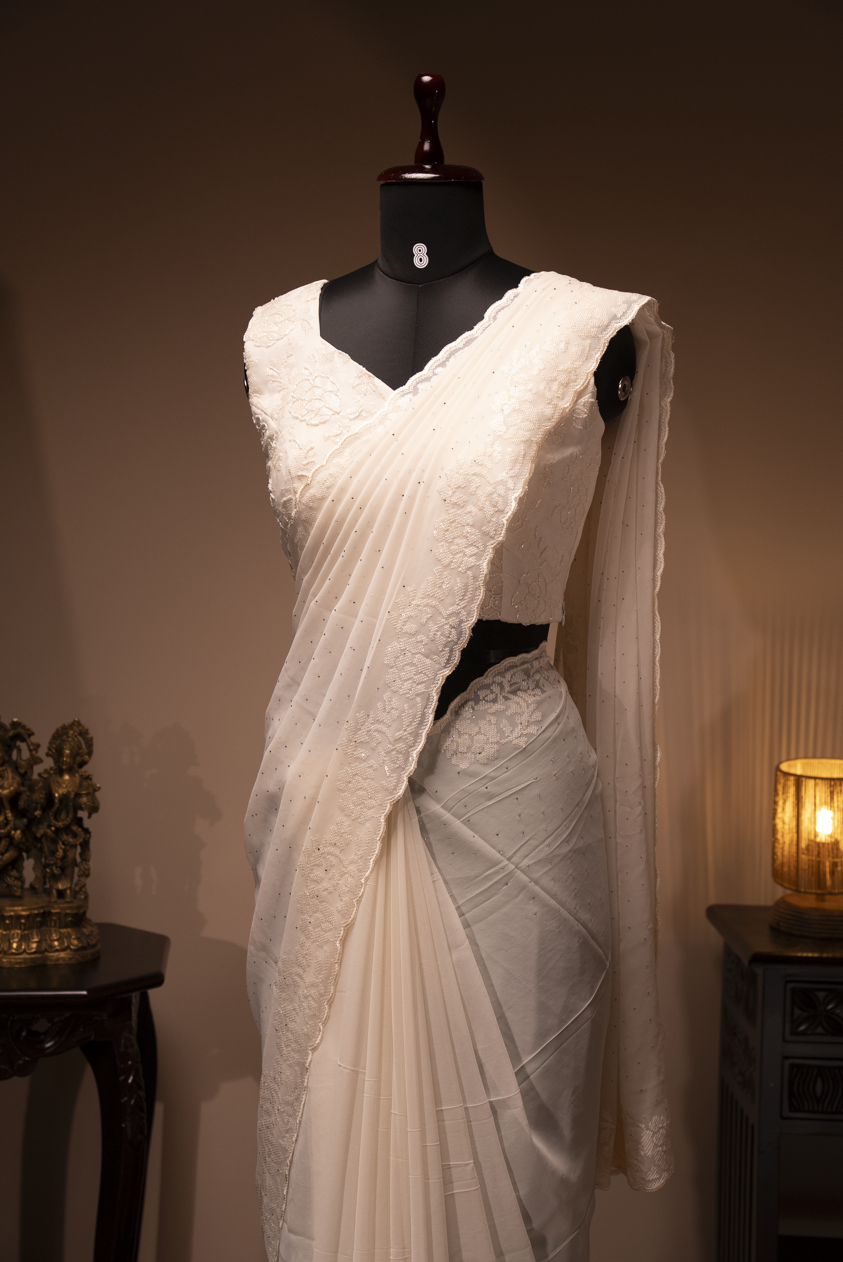 WHITE- DESIGNER GEORGETTE SAREE WITH READYMADE BLOUSE