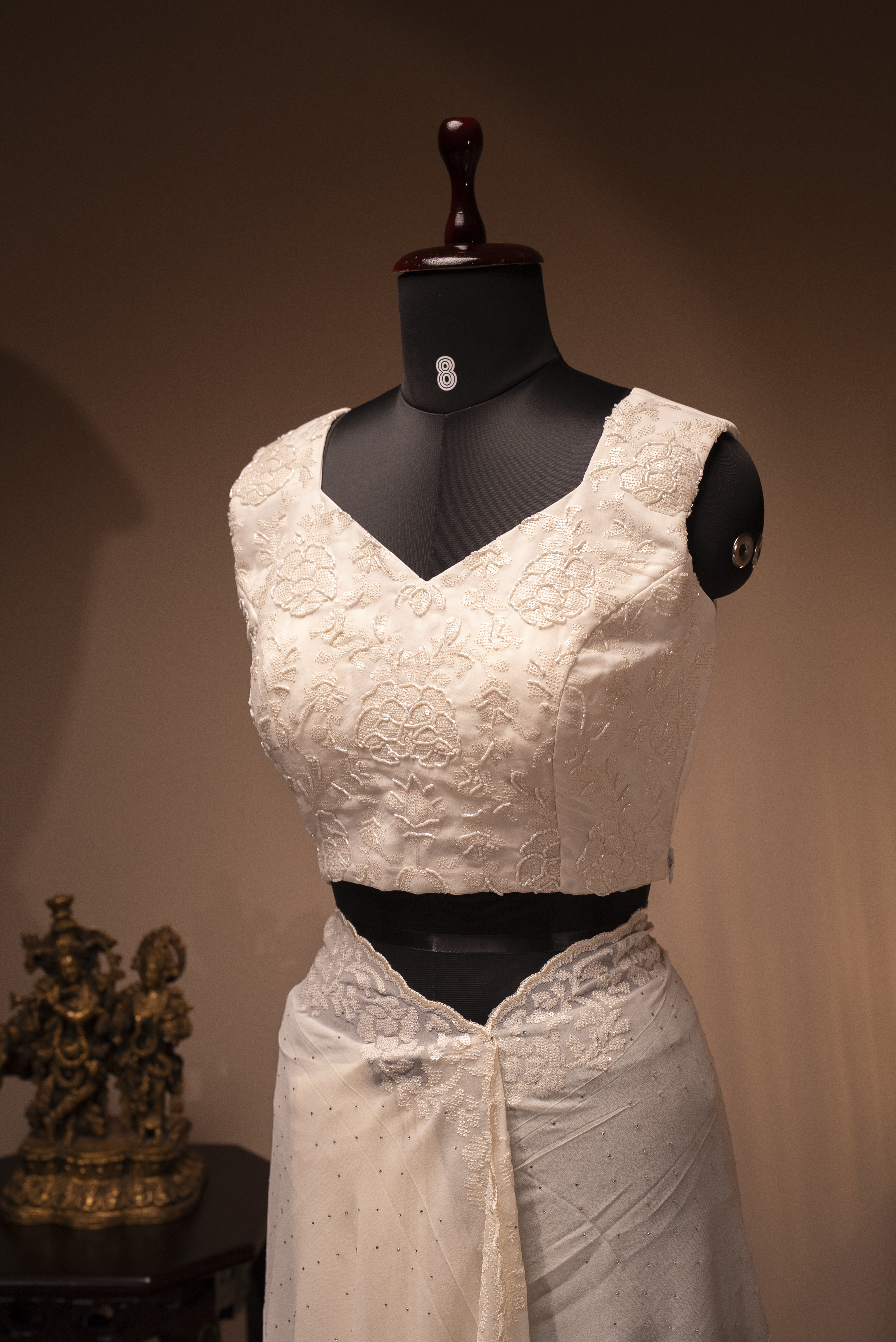 WHITE- DESIGNER GEORGETTE SAREE WITH READYMADE BLOUSE