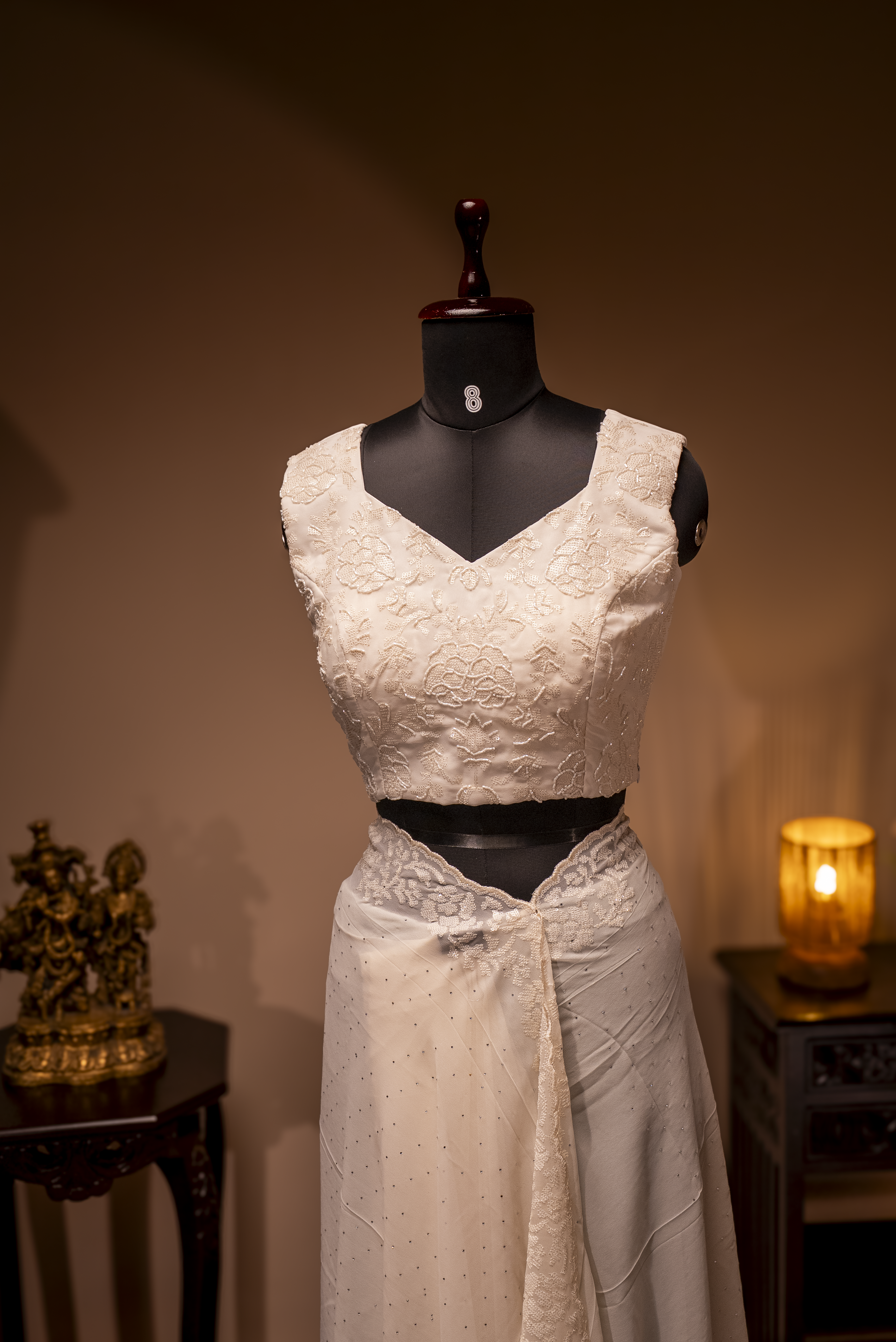 WHITE- DESIGNER GEORGETTE SAREE WITH READYMADE BLOUSE