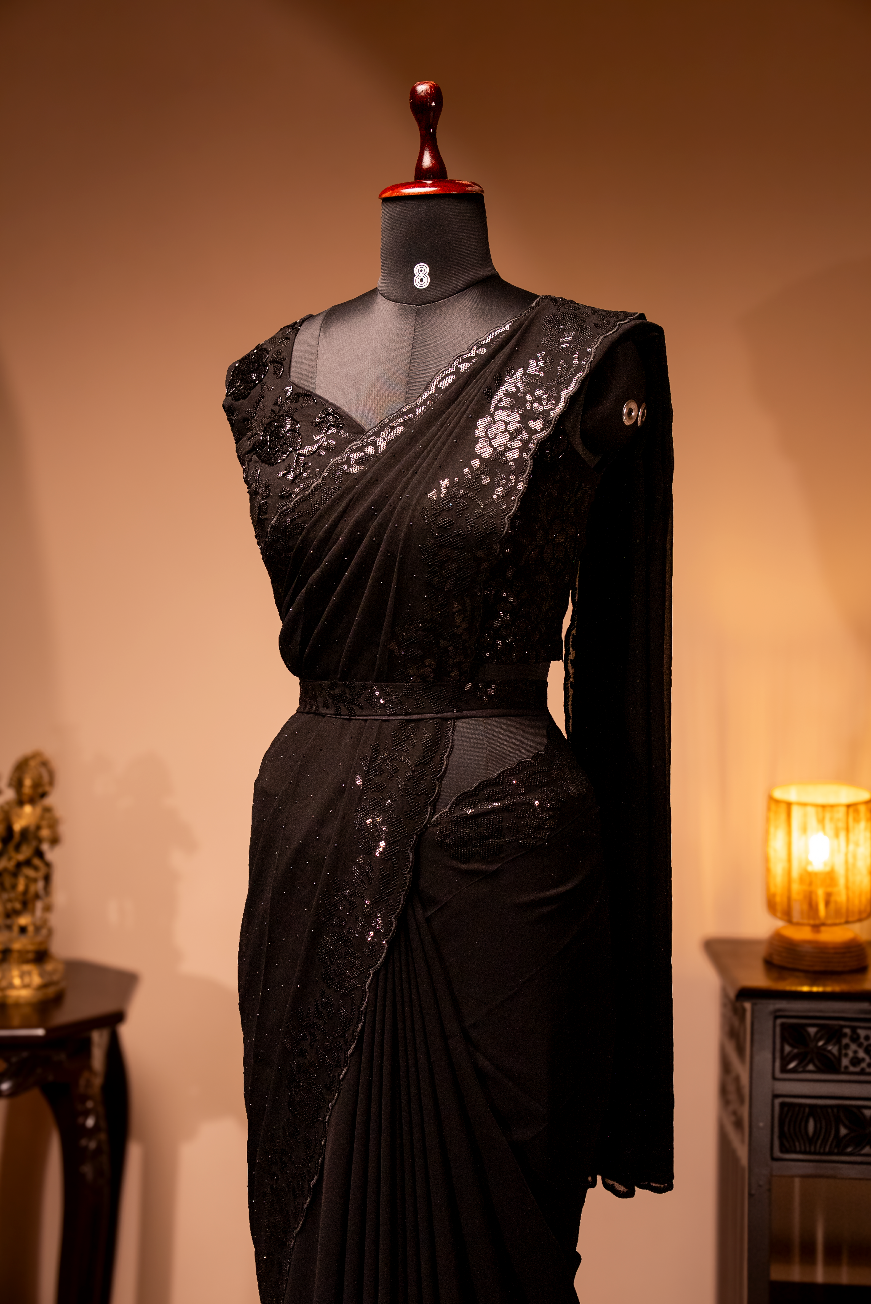 BLACK - DESIGNER GEORGETTE SAREE WITH READYMADE BLOUSE