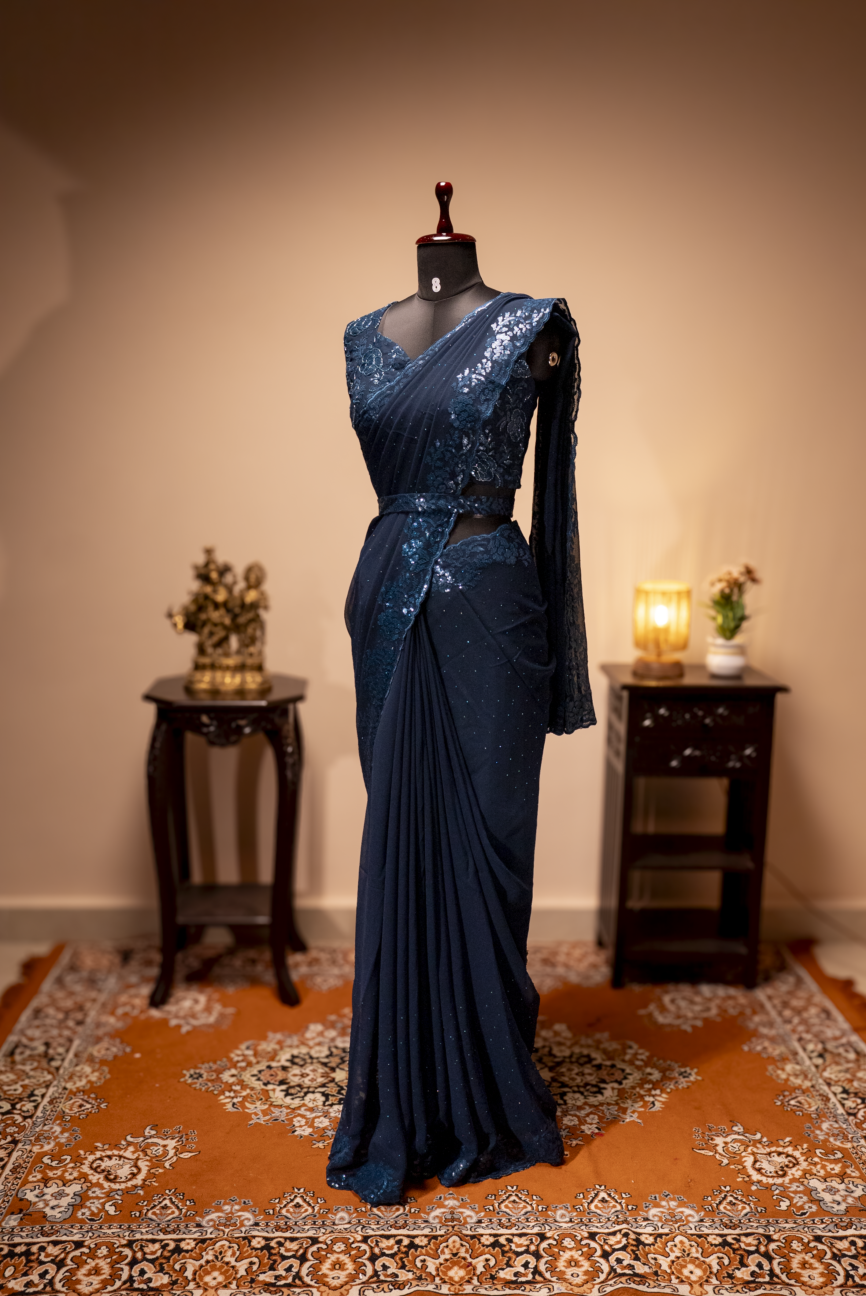 Peacock Blue - Designer Georgette Saree With Readymade Blouse