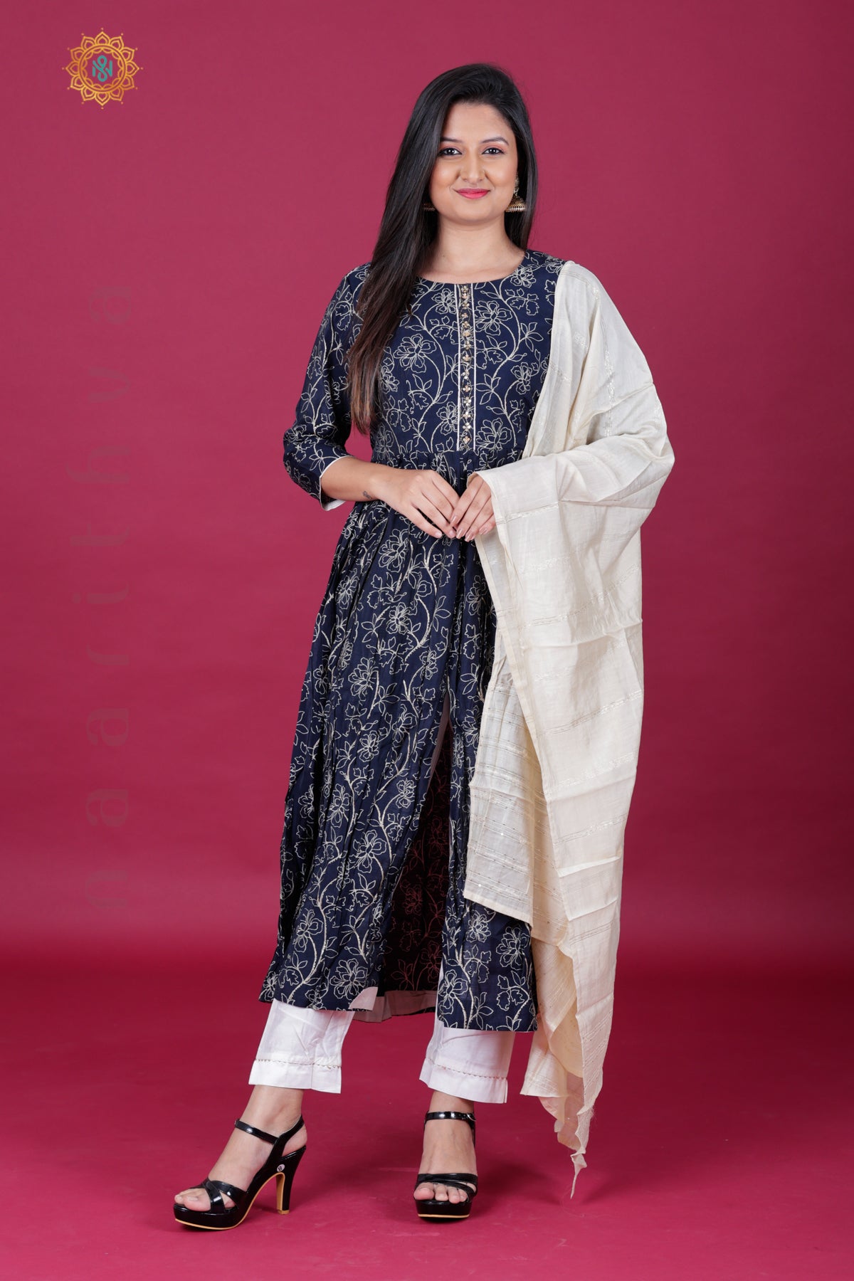 BLUE & WHITE - PARTY WEAR NAYRA CUT SALWAR SUIT WITH PARALLEL CUT PANT &  DUPATTA