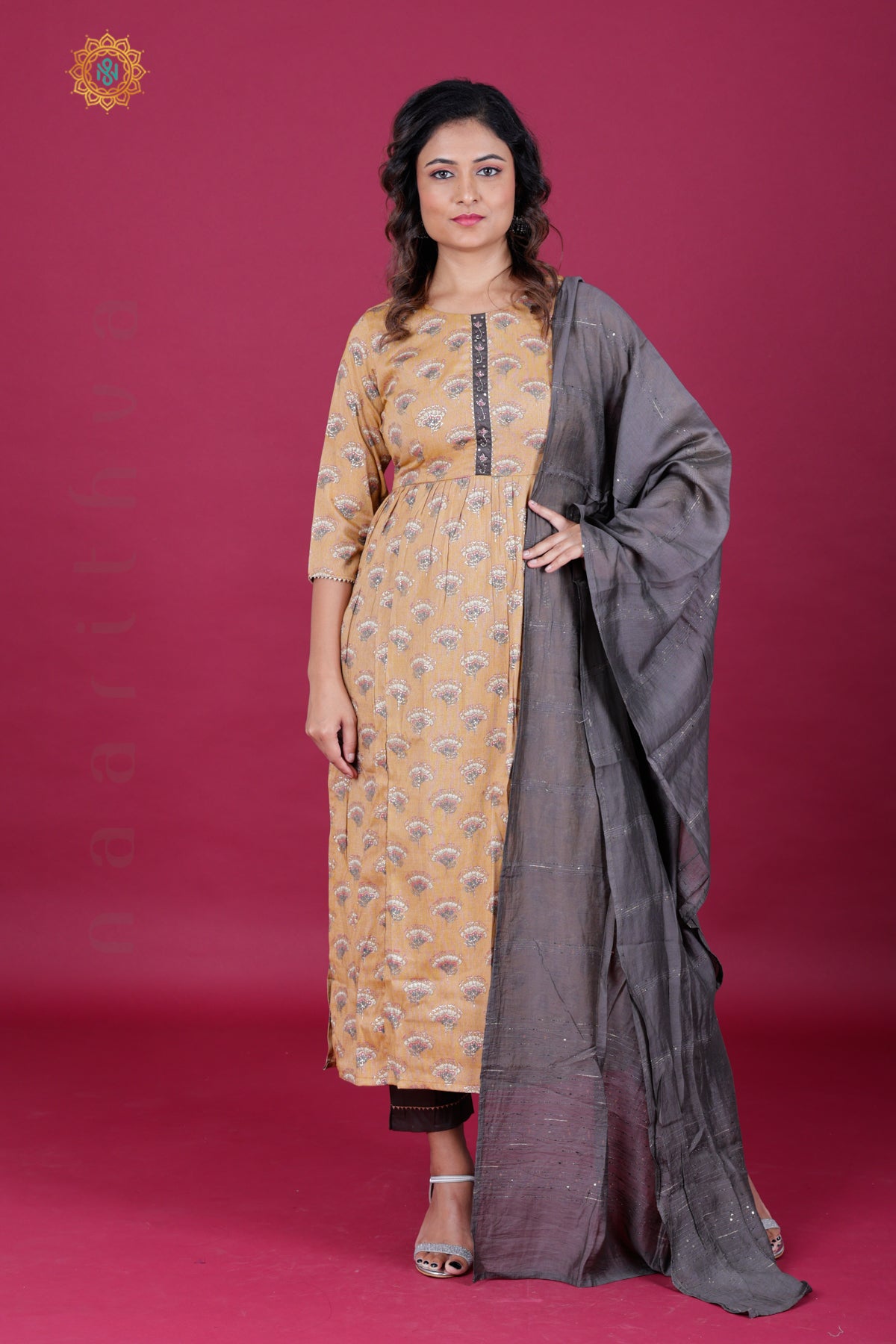 LIGHT BROWN WITH GREY - SALWAR SUIT WITH NECK EMBROIDERY