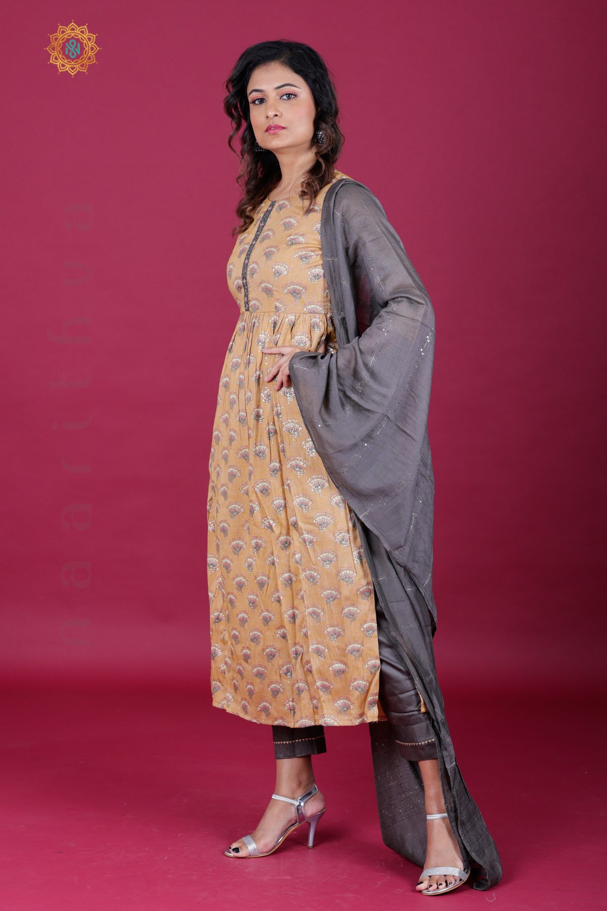 LIGHT BROWN WITH GREY - SALWAR SUIT WITH NECK EMBROIDERY