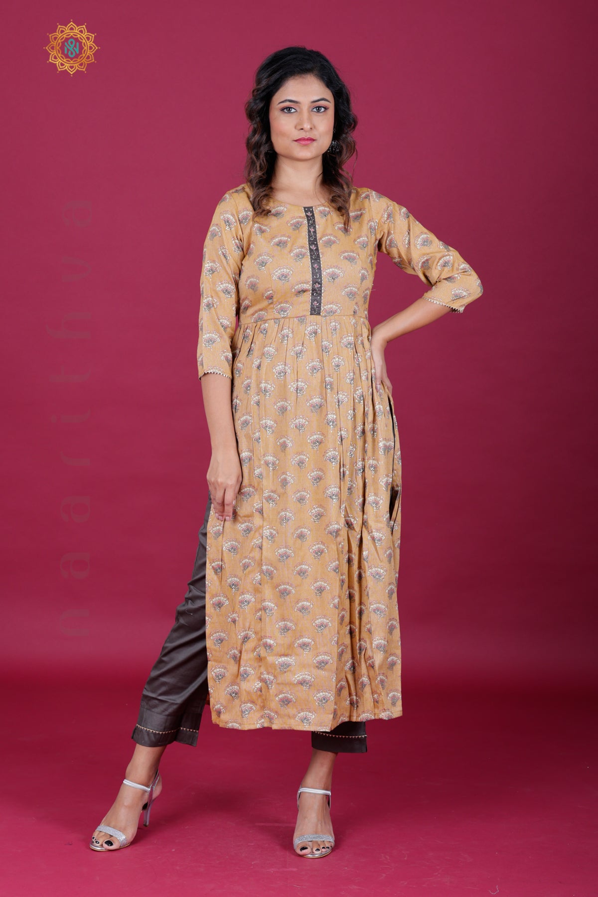 LIGHT BROWN WITH GREY - SALWAR SUIT WITH NECK EMBROIDERY