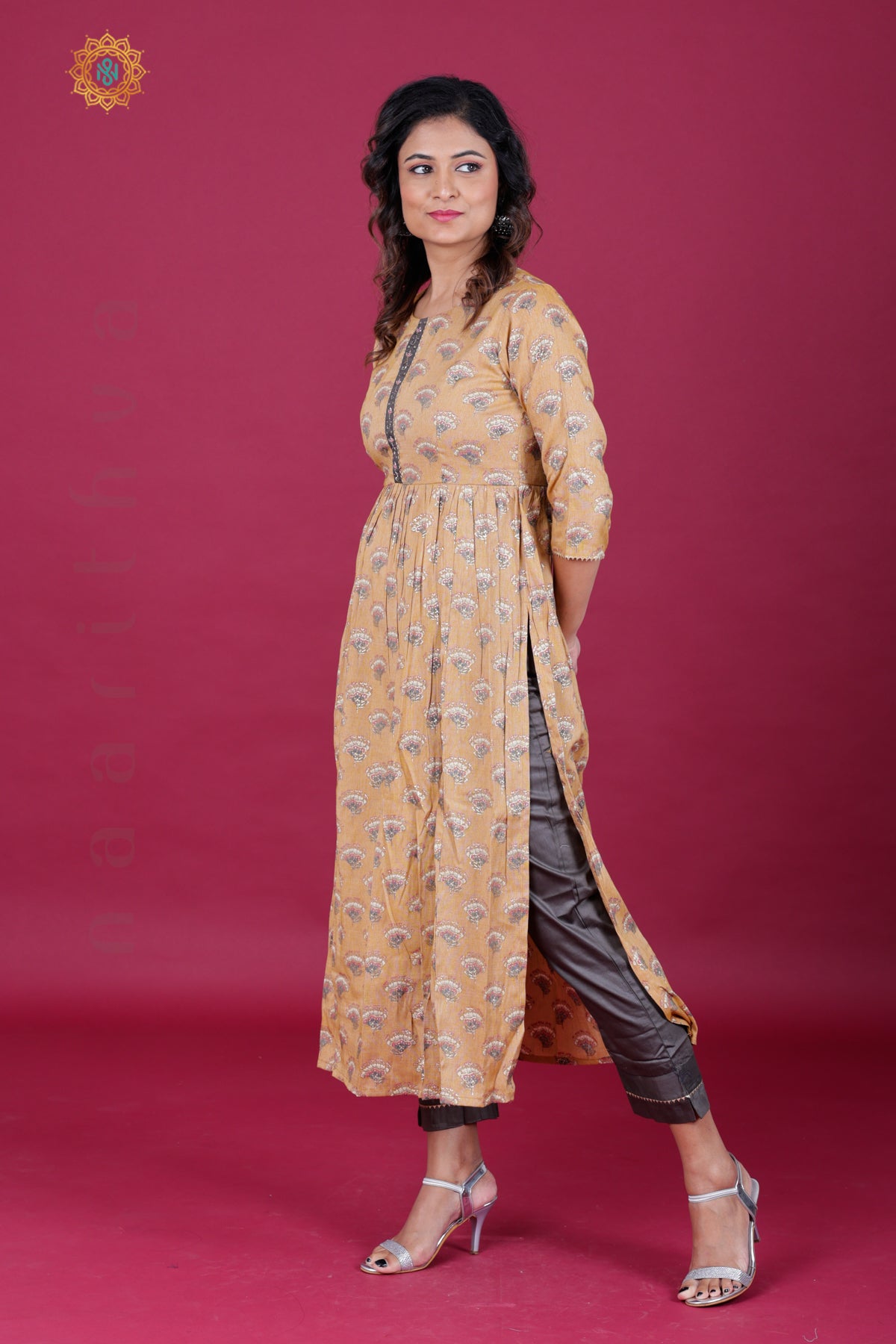 LIGHT BROWN WITH GREY - SALWAR SUIT WITH NECK EMBROIDERY