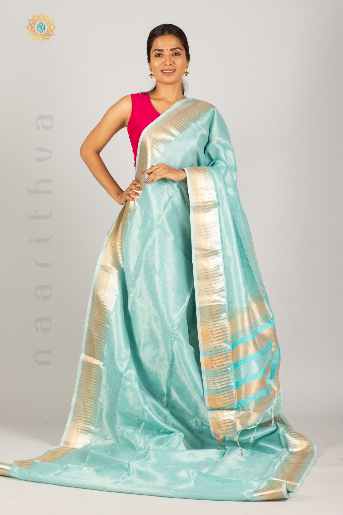 PASTEL BLUE - LINEN TISSUE WITH ZARI WOVEN BORDER & SELF BLOUSE