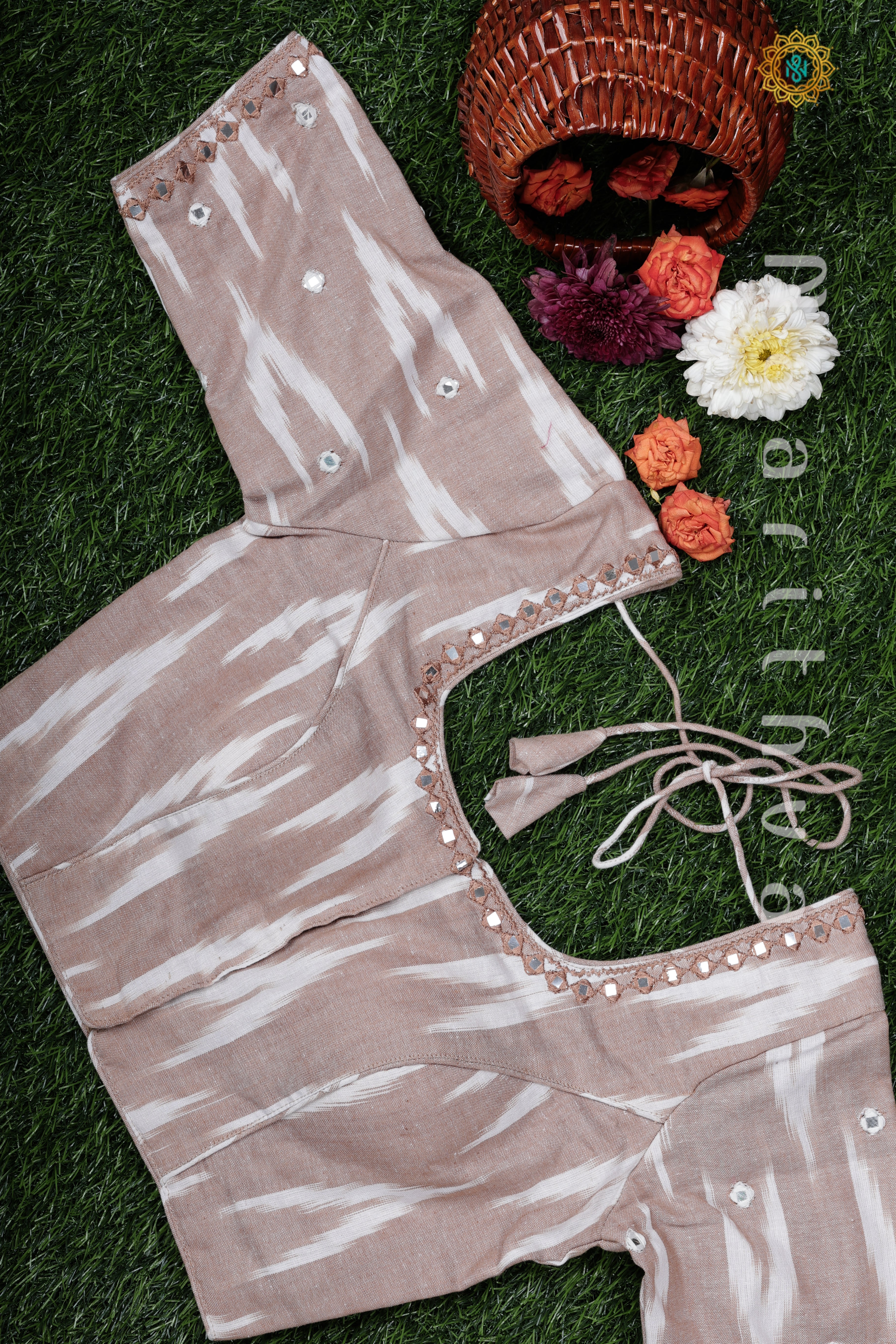 CREAM - READYMADE COTTON BLOUSE WITH MIRROR IKAT PRINTS