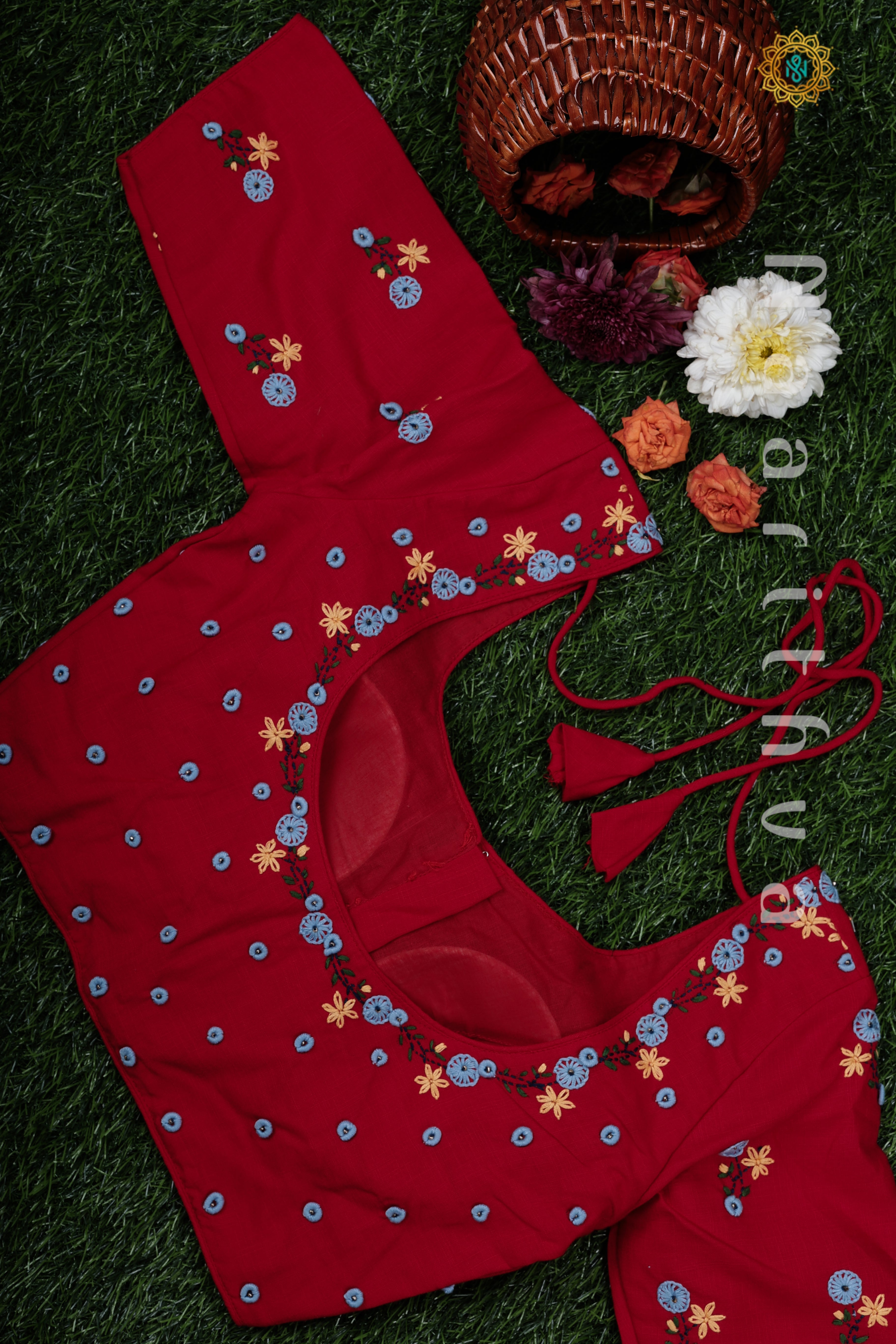 RED - COTTON READYMADE HAND EMBROIDERY BLOUSE