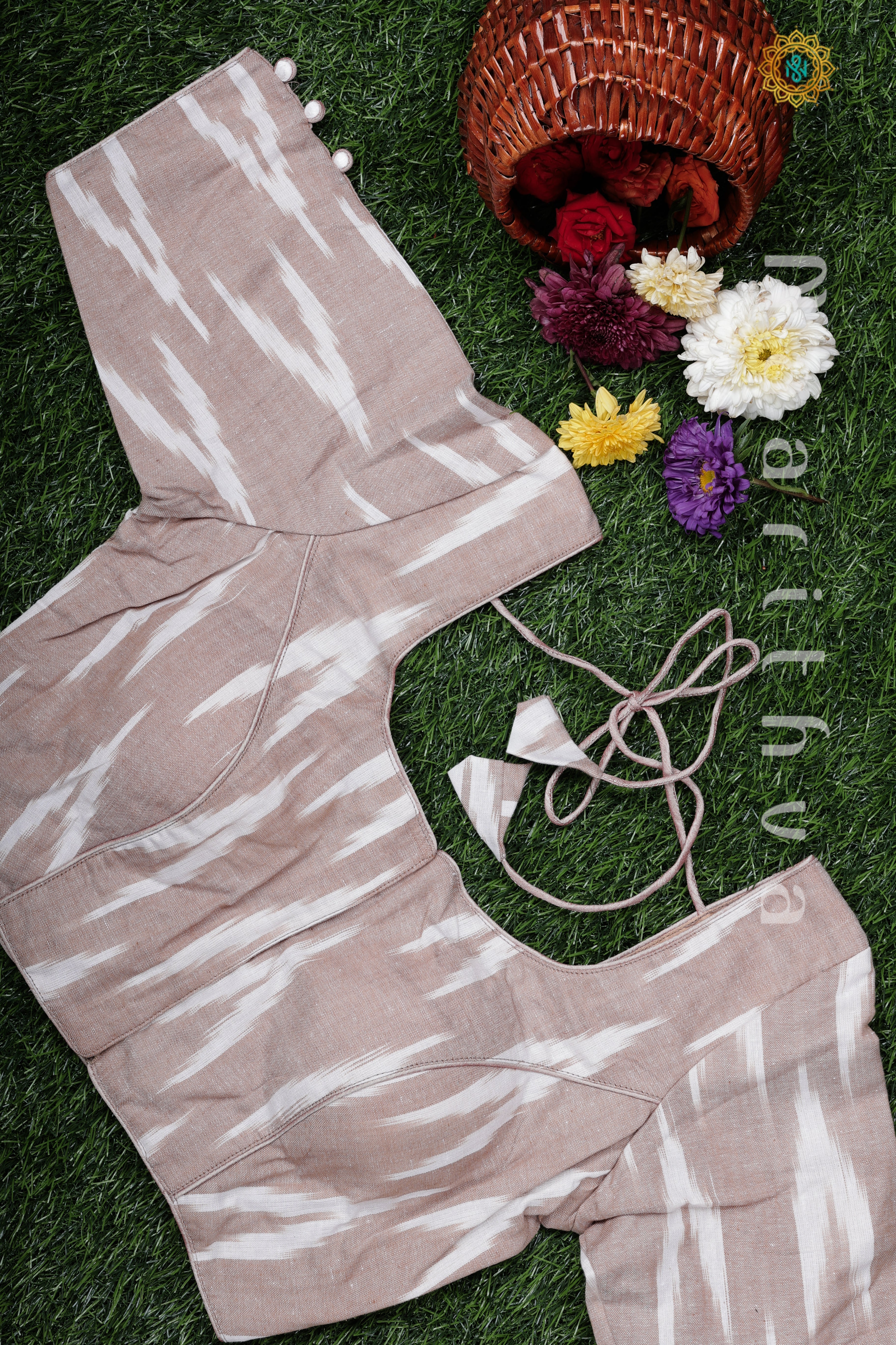 CREAM - READYMADE COTTON BLOUSE WITH IKAT PRINTS