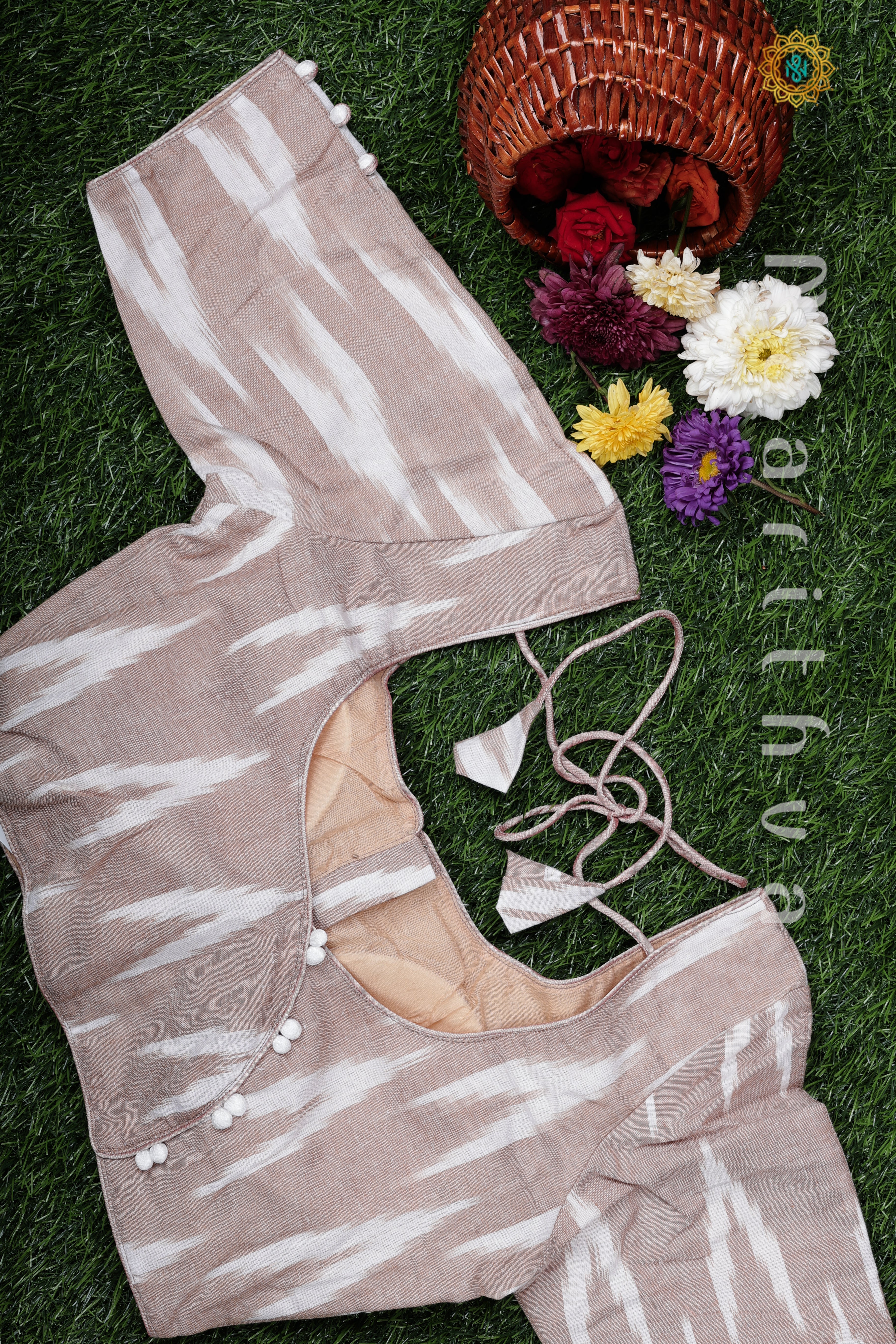 CREAM - READYMADE COTTON BLOUSE WITH IKAT PRINTS