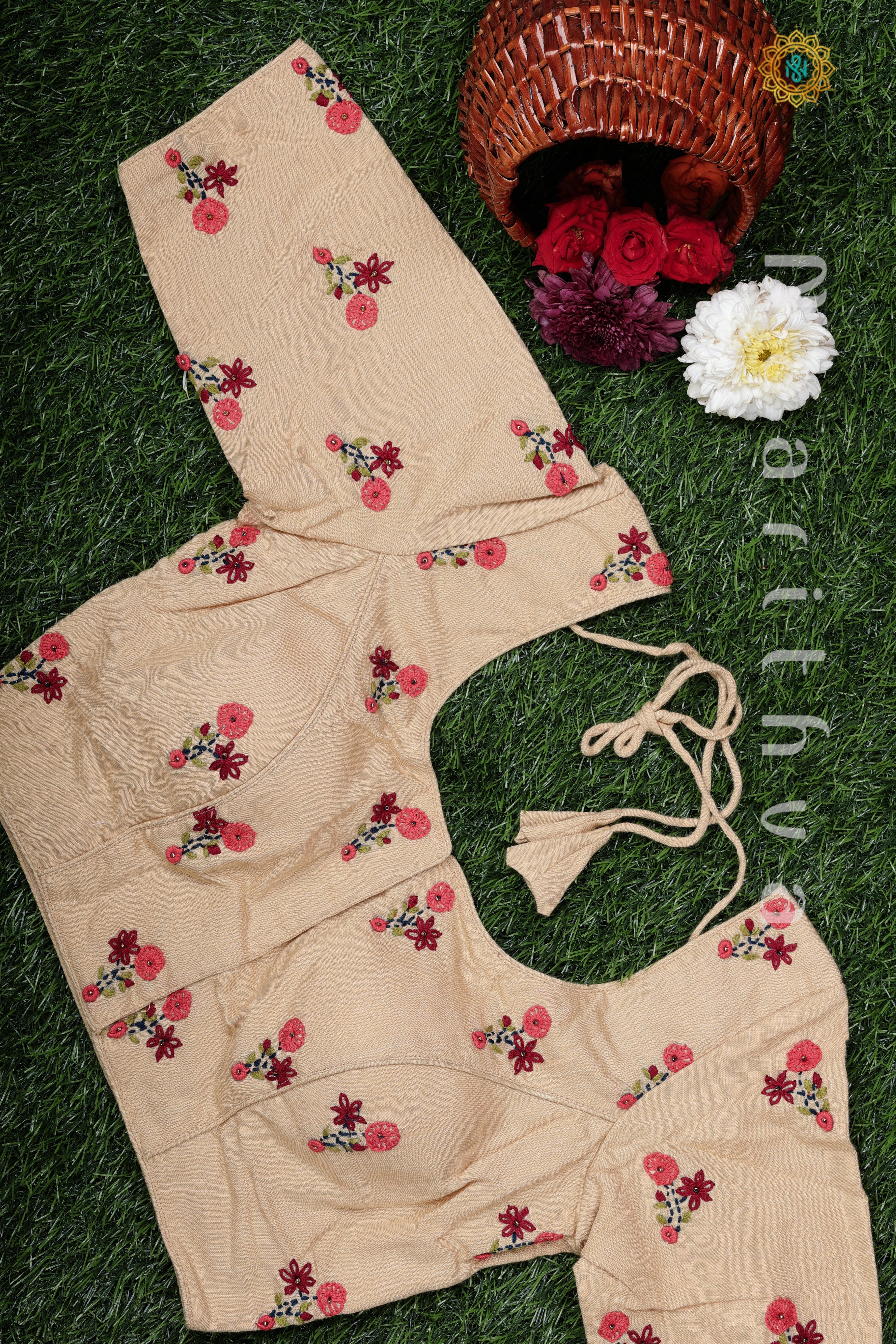CREAM - READYMADE COTTON BLOUSE WITH HAND EMBROIDERY