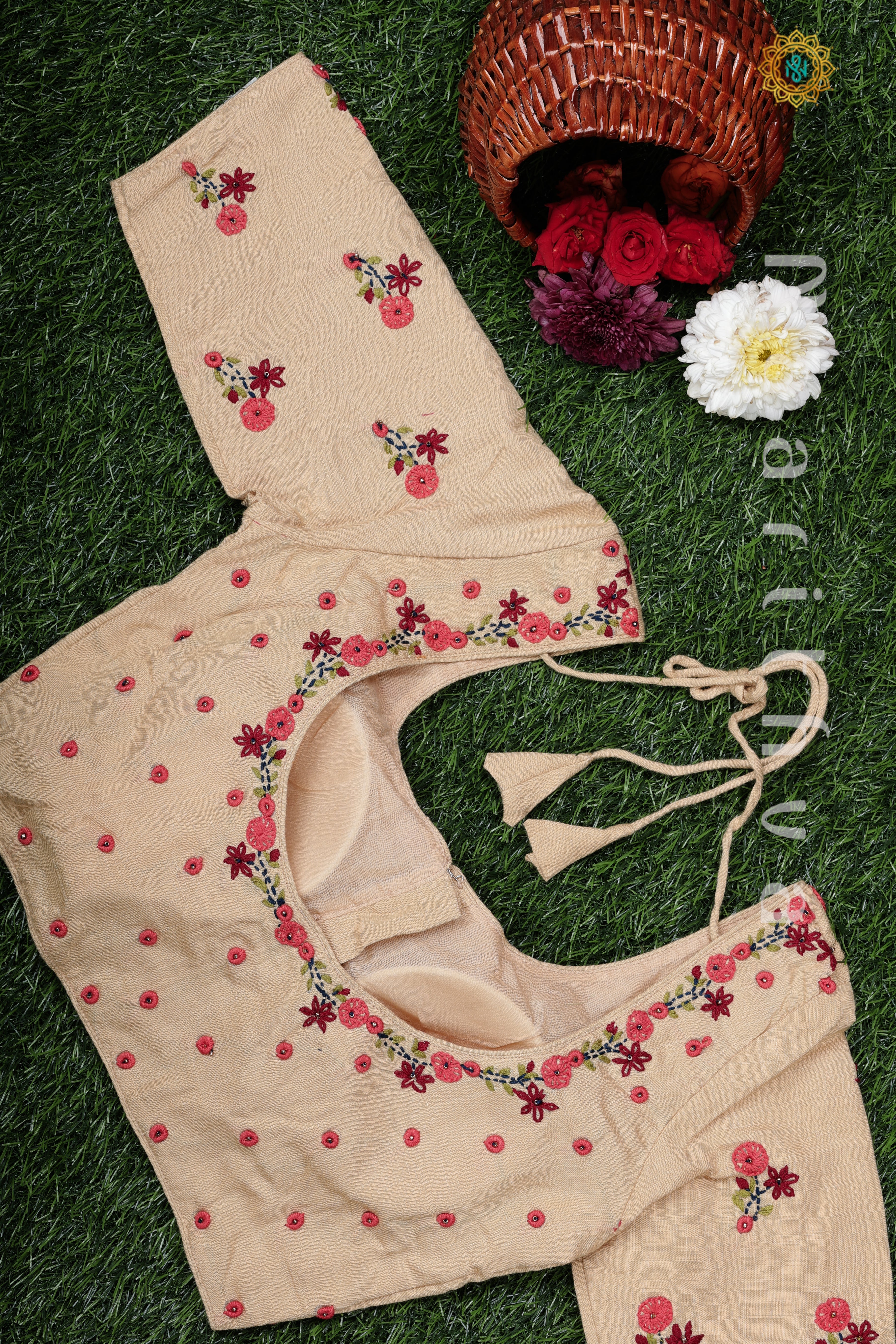 CREAM - READYMADE COTTON BLOUSE WITH HAND EMBROIDERY