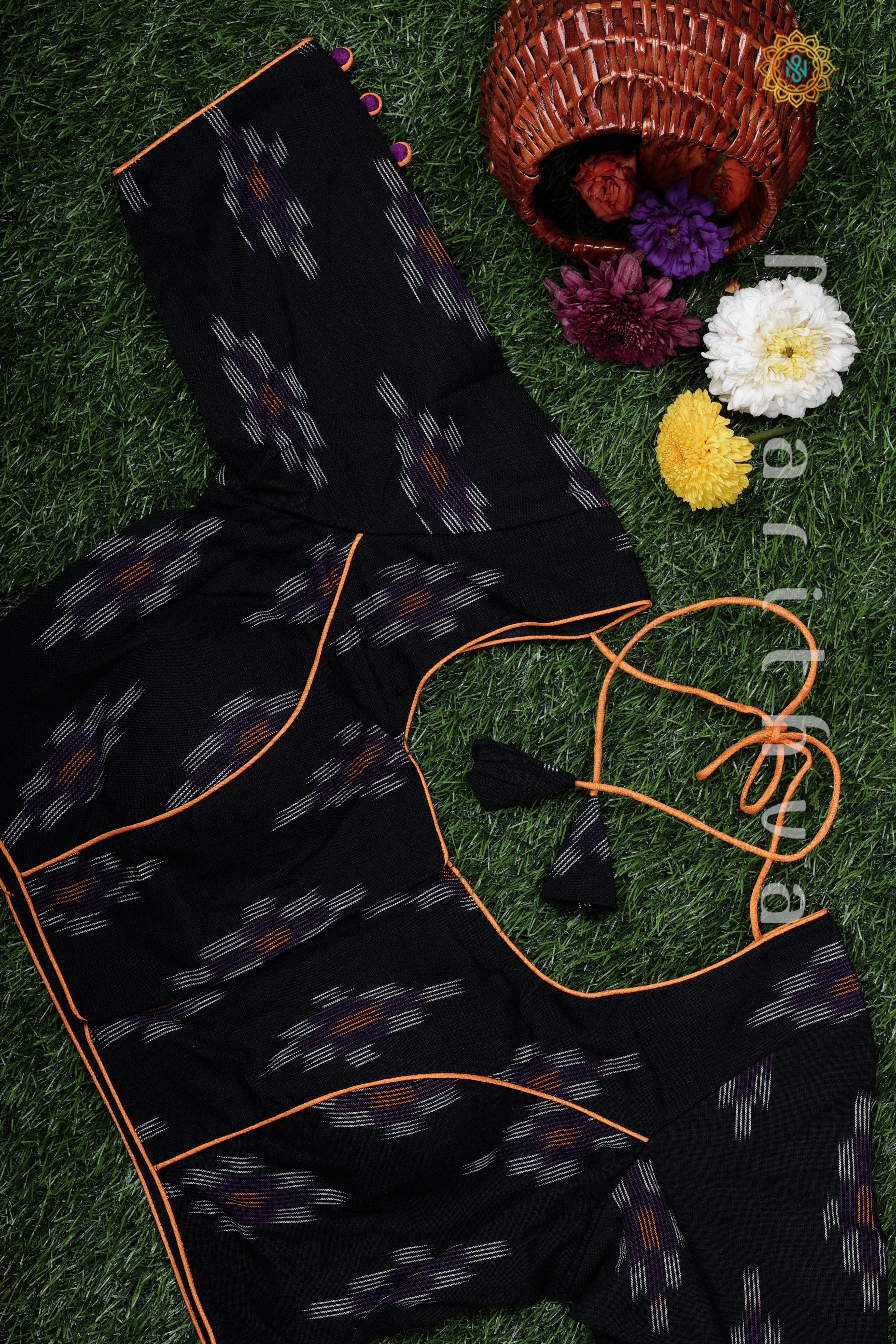 BLACK - READYMADE COTTON BLOUSE WITH IKAT PRINT
