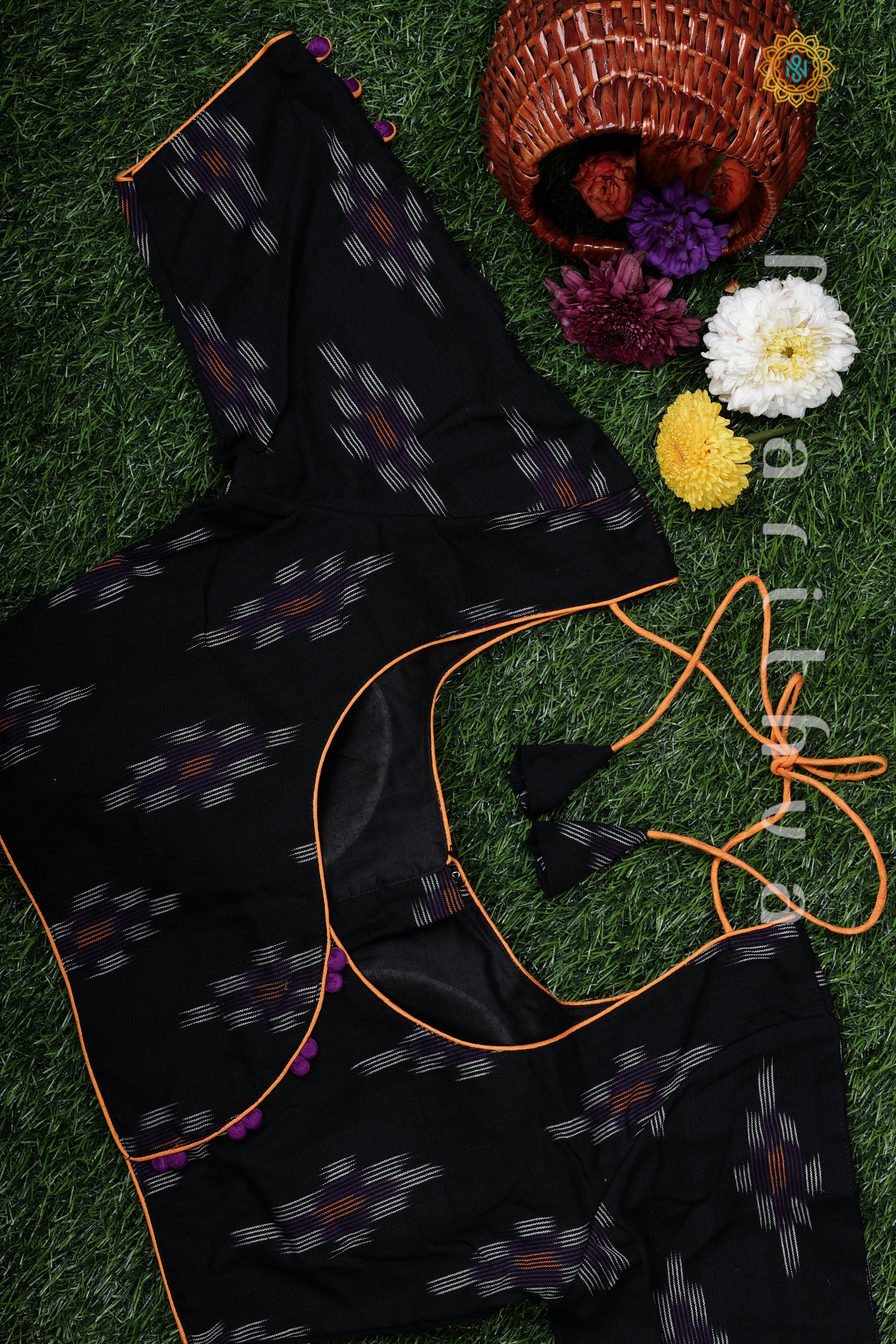 BLACK - READYMADE COTTON BLOUSE WITH IKAT PRINT
