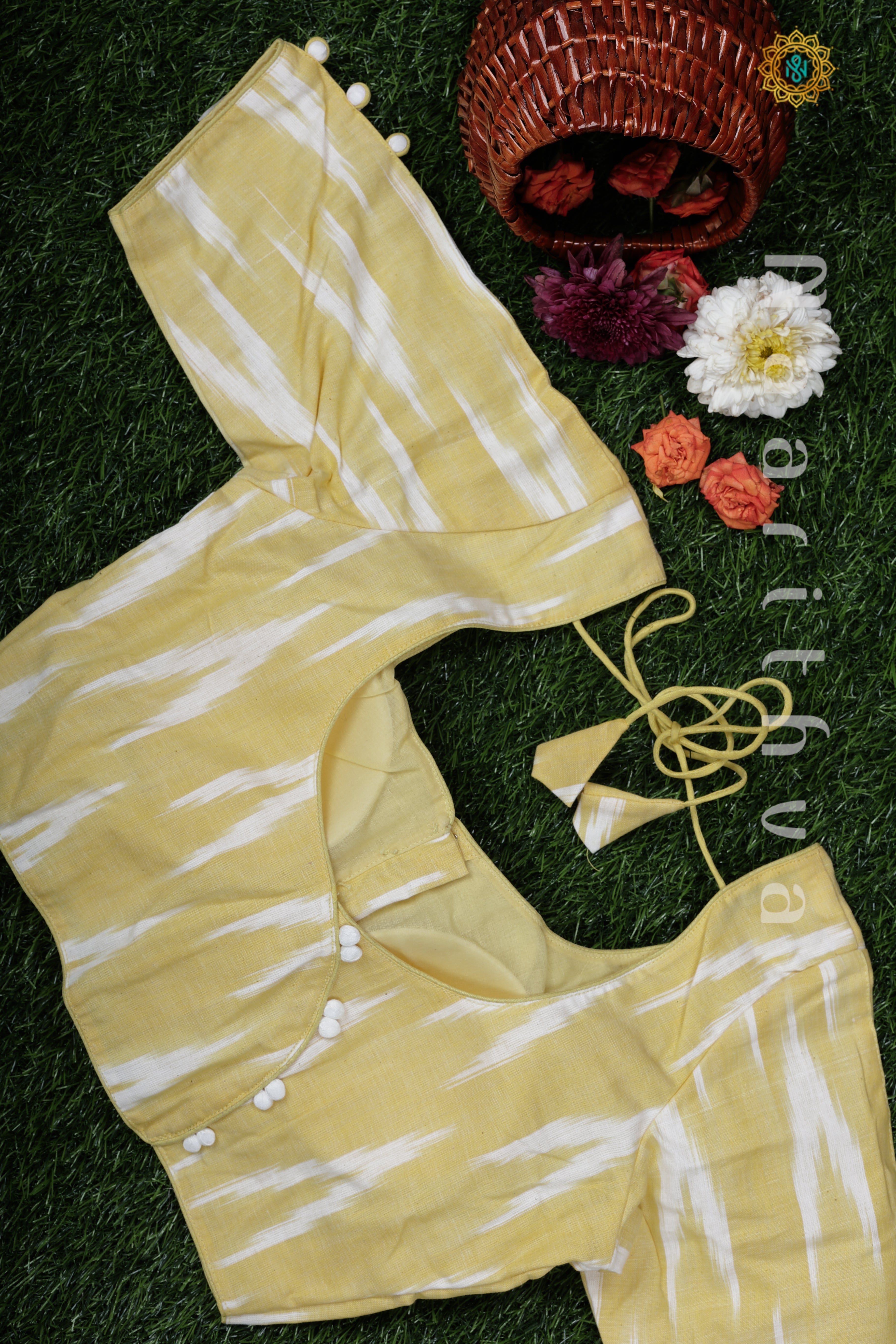 LEMON YELLOW - READYMADE COTTON BLOUSE WITH IKAT PRINTS