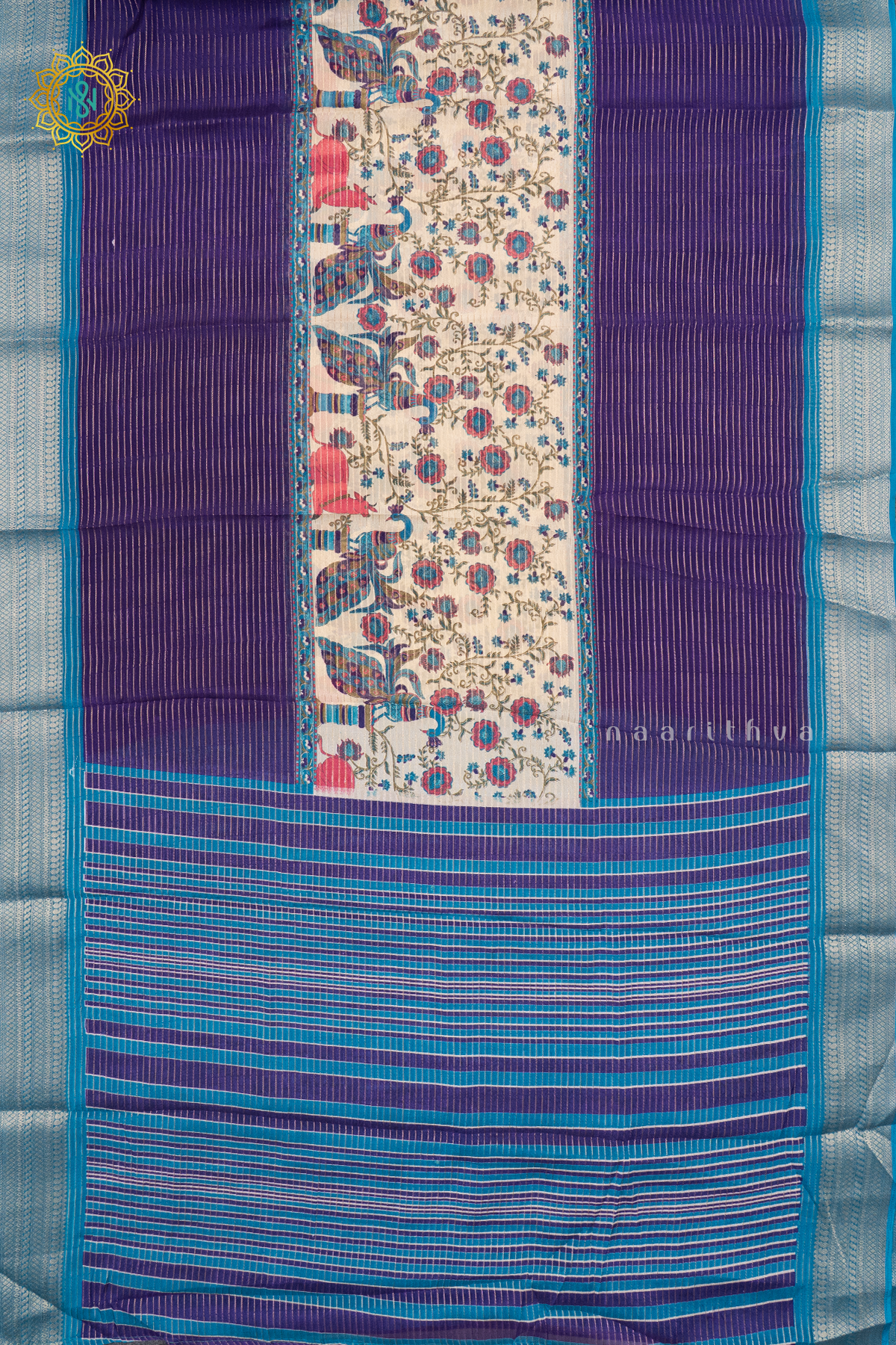OFF WHITE WITH PURPLE & SKY BLUE - SEMI GEORGETTE