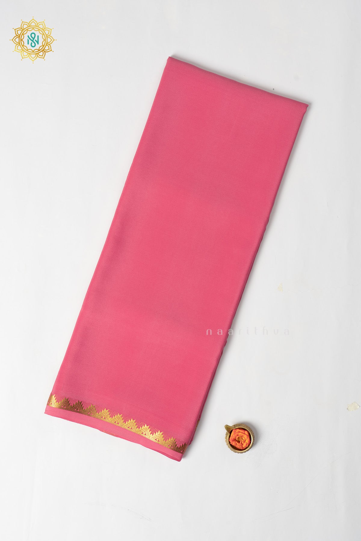 Pink Pure Mysore Crepe Silk Plain Body and Zari Woven Butta Border