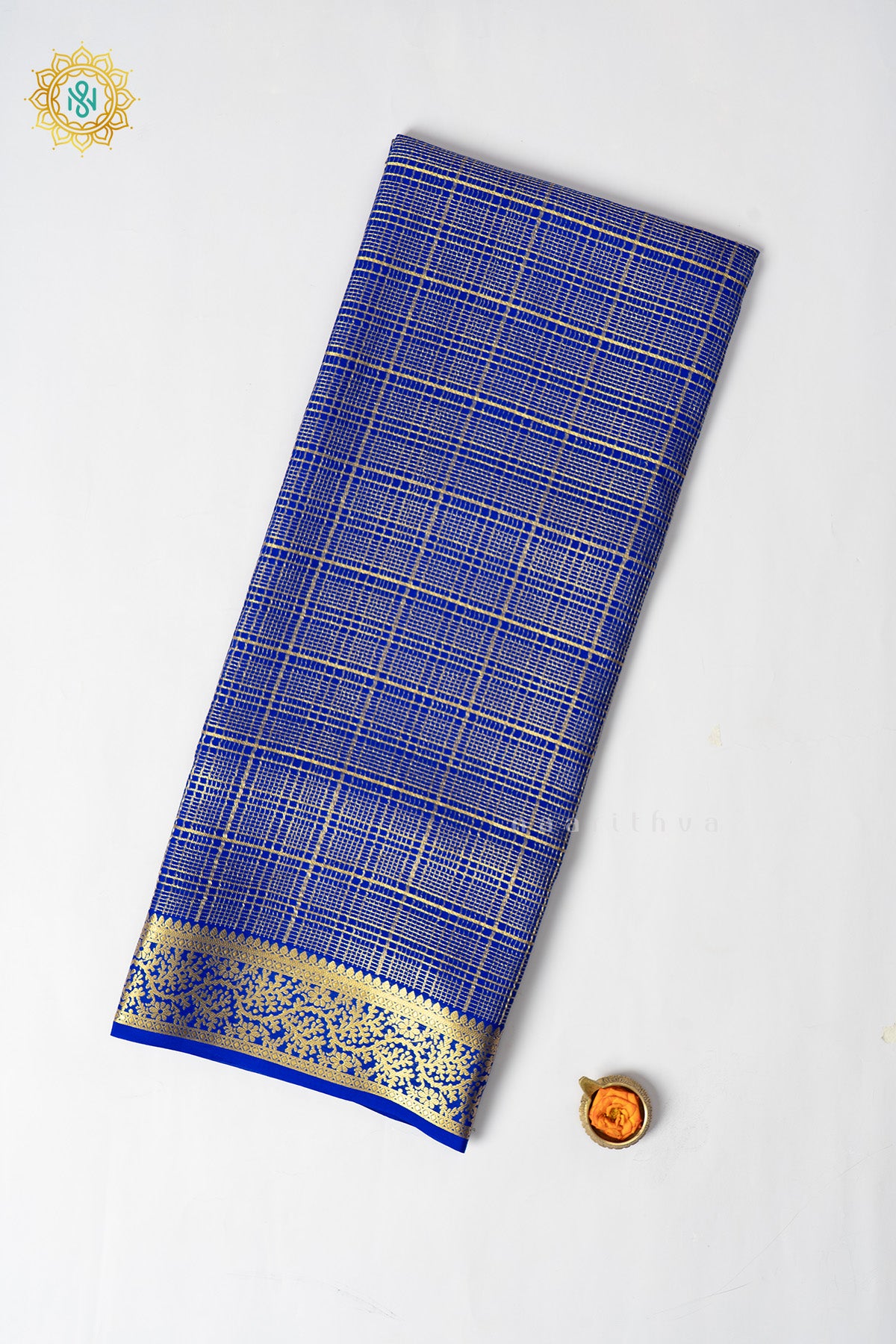 Royal Blue Pure Mysore Crepe Silk Saree with Checks Body & Zari Border