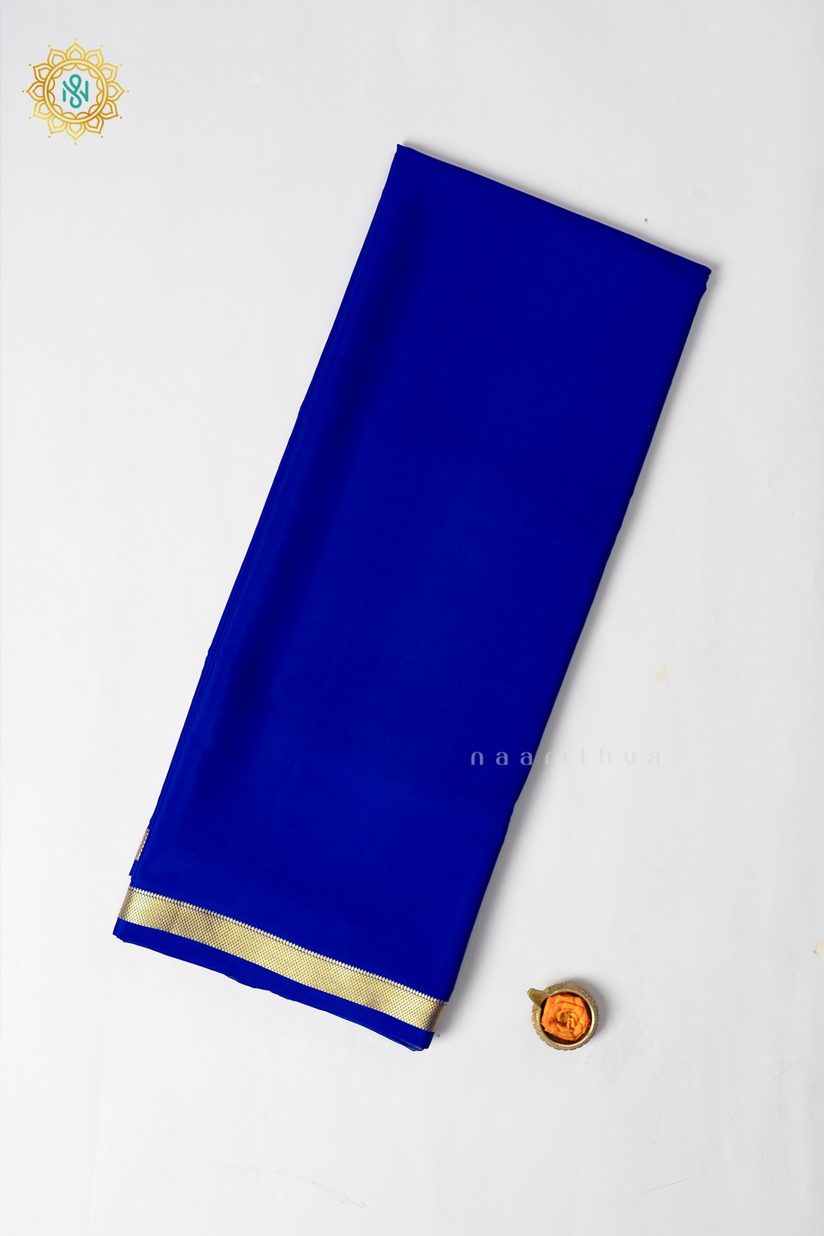 Royal Blue Pure Mysore Crepe Silk Plain Body and Zari Woven Butta Border