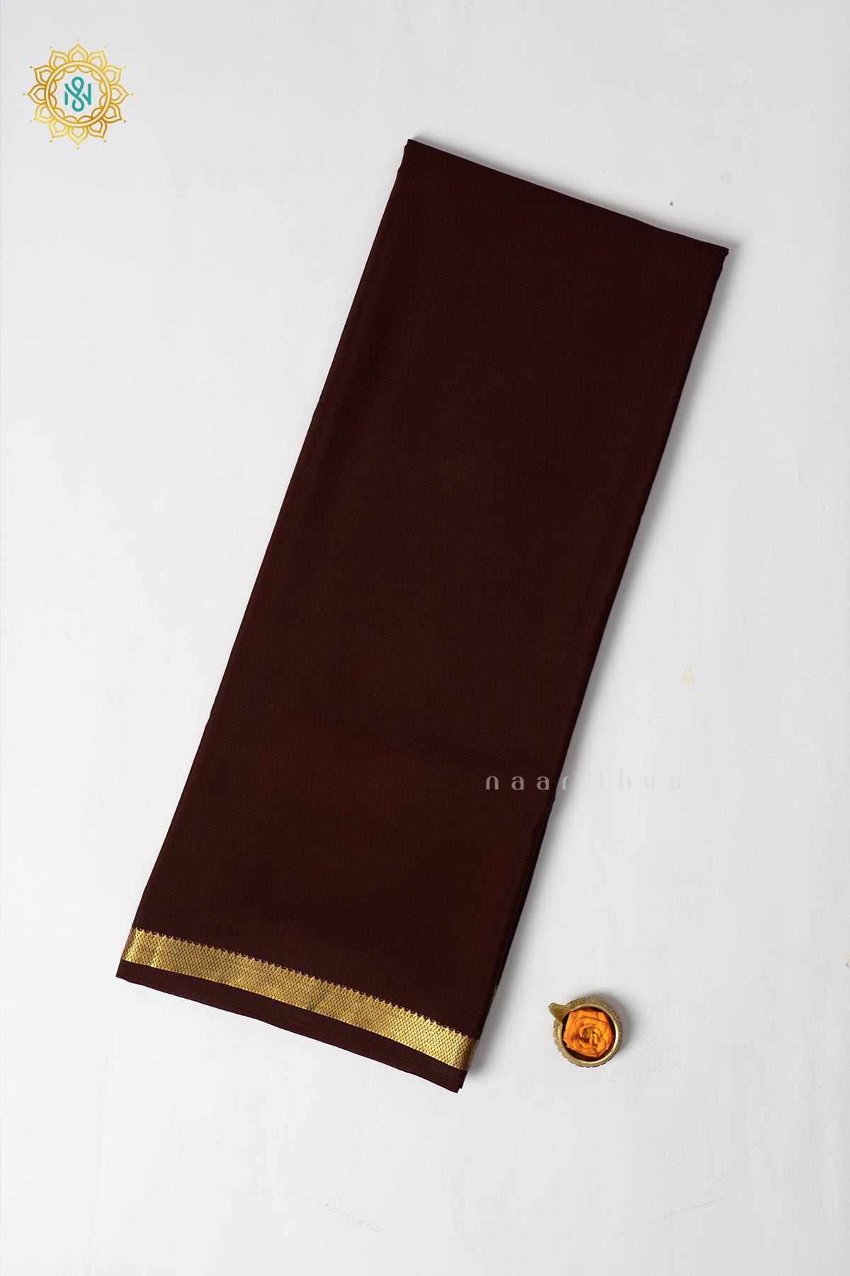 Brown Pure Mysore Crepe Silk Plain Body and Zari Woven Butta Border