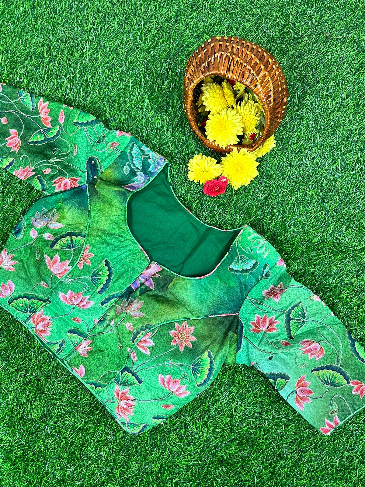 READYMADE BLOUSE IN DOLA SILK WITH PICHWAI PRINTS & HAND EMBROIDERY