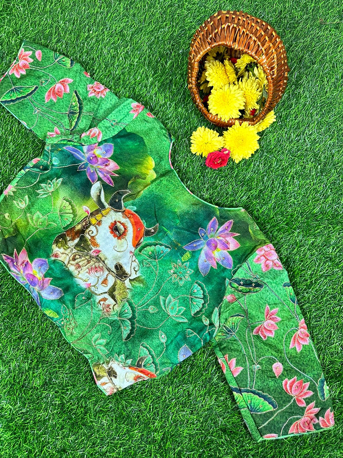 READYMADE BLOUSE IN DOLA SILK WITH PICHWAI PRINTS & HAND EMBROIDERY