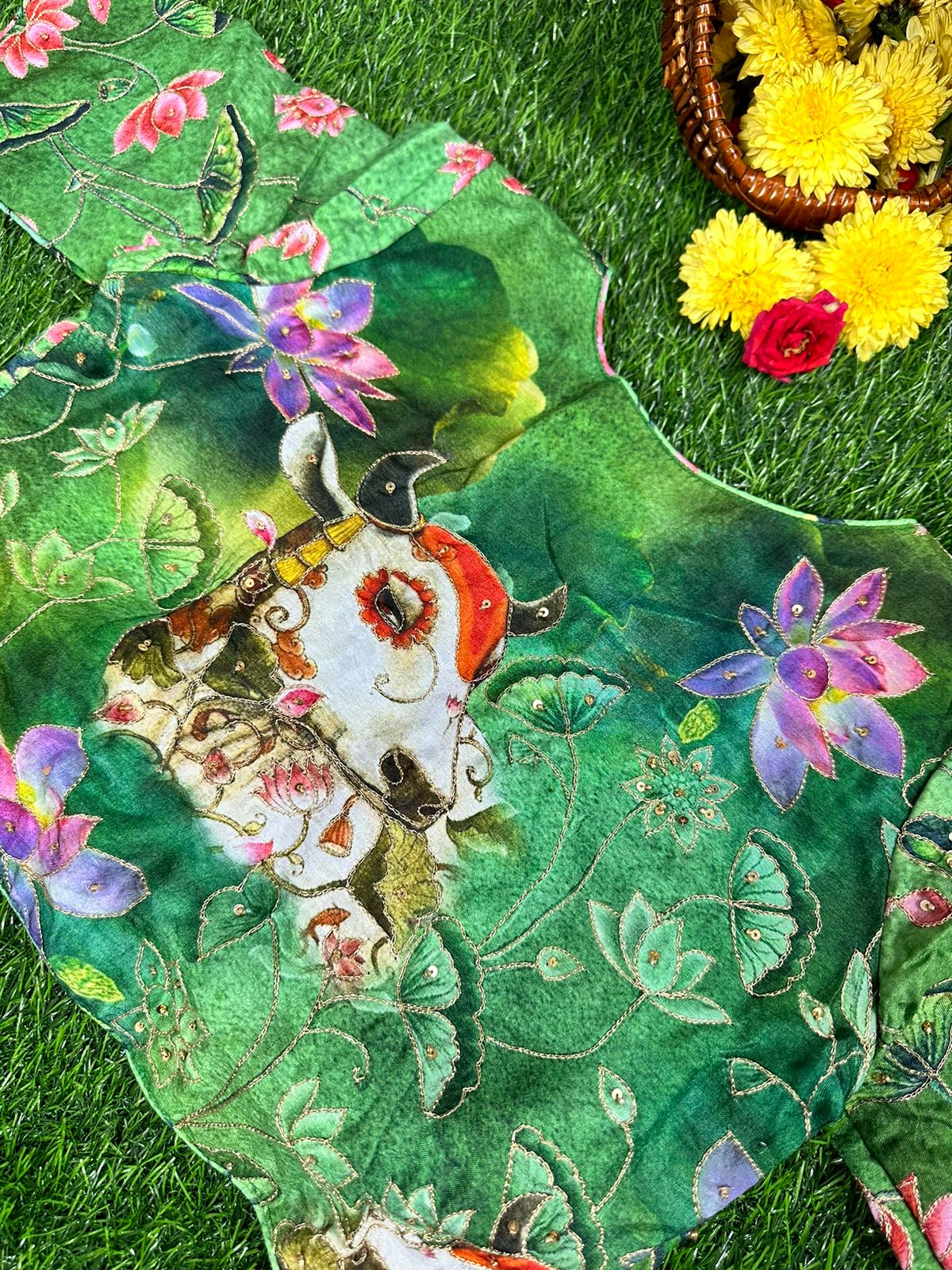 READYMADE BLOUSE IN DOLA SILK WITH PICHWAI PRINTS & HAND EMBROIDERY