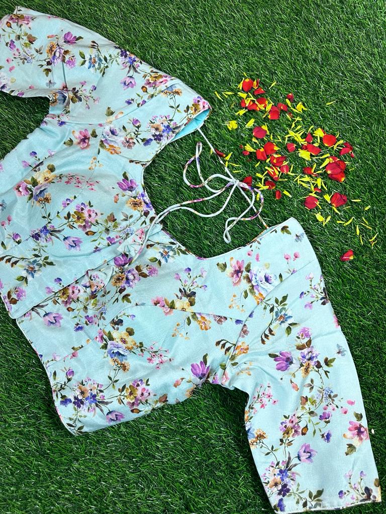 LIGHT BLUE - READYMADE FLORAL PRINTS IN DOLA SILK