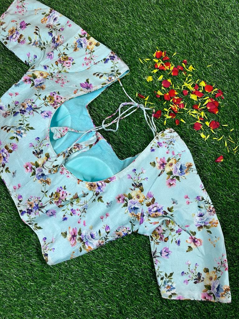 LIGHT BLUE - READYMADE FLORAL PRINTS IN DOLA SILK
